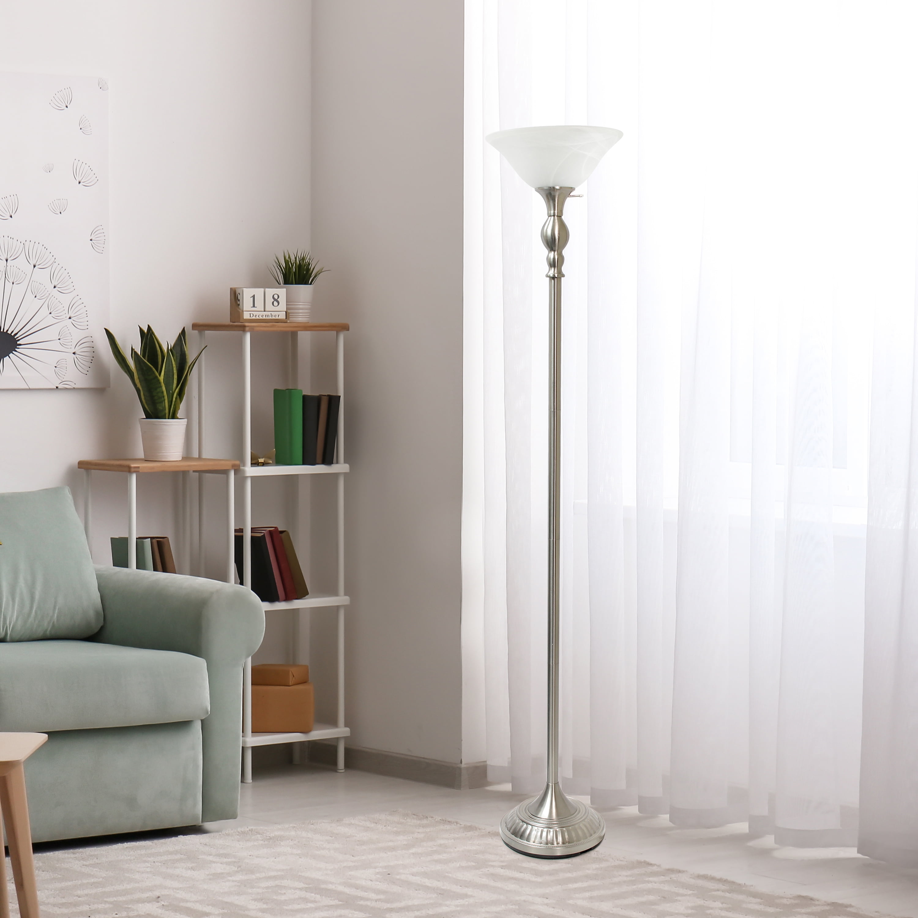 Lalia Home 71" Classic 1-Light Torchiere Floor Lamp with Marbleized Glass Shade, Brushed Nickel - Image 3