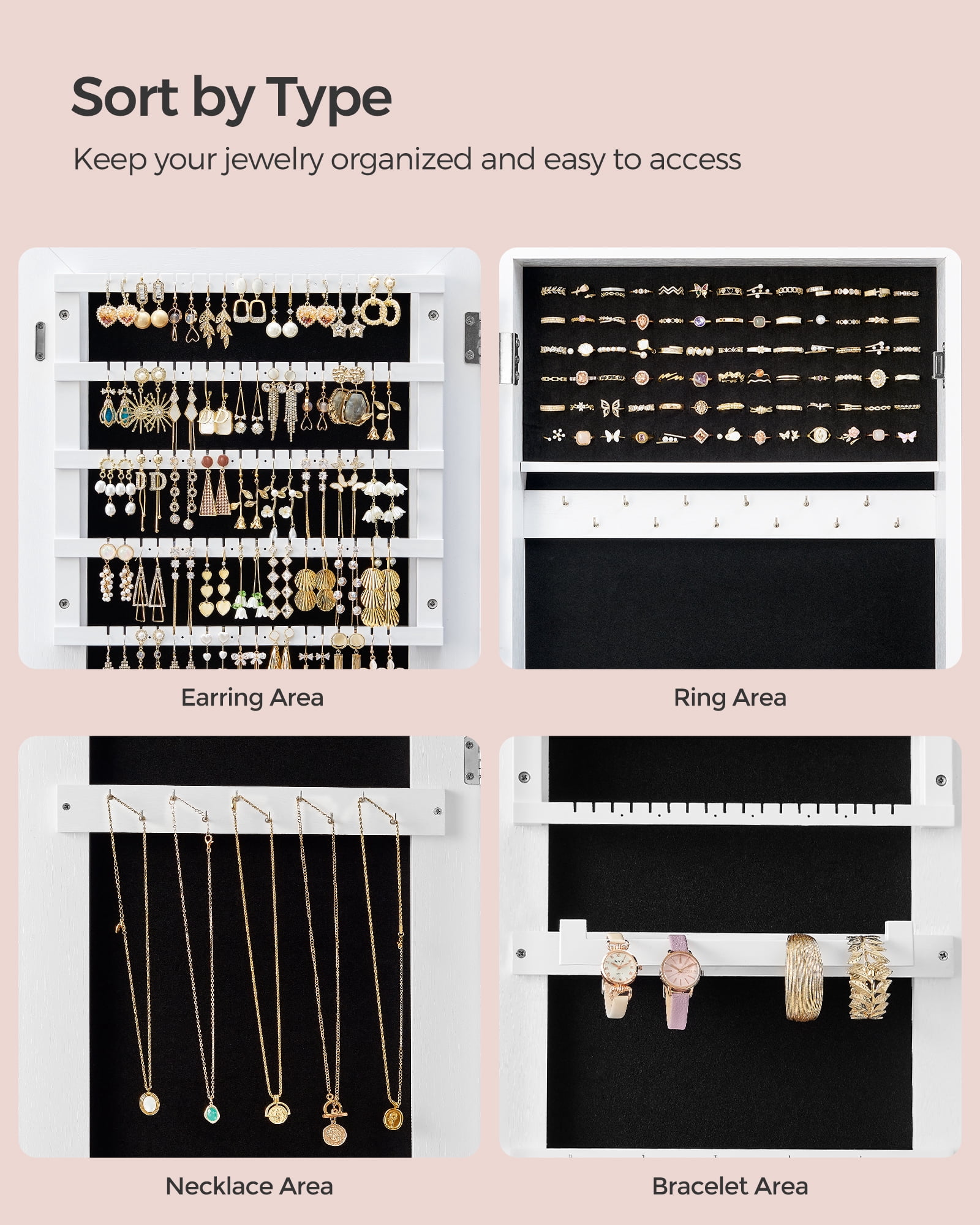 Jewelry Armoire Cabinet With Full-Length Mirror, Lockable Organizer, White & Black, Gift Idea - Image 5