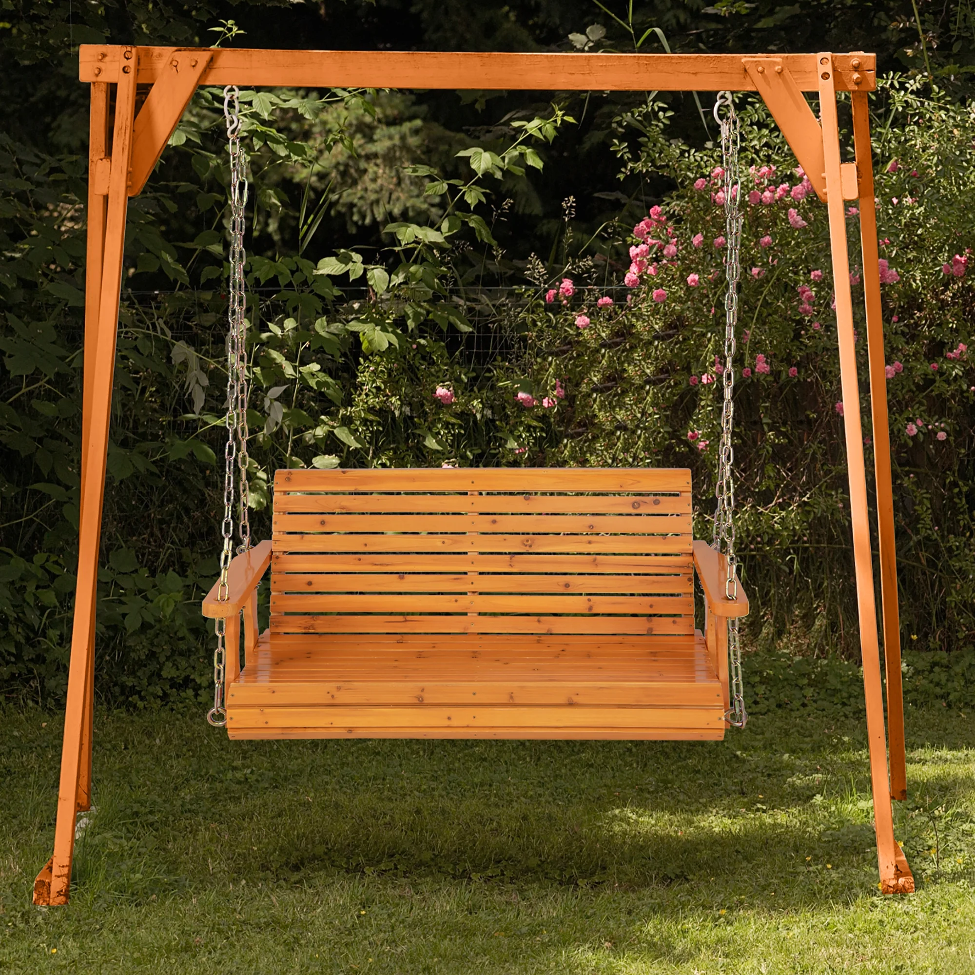 Costway Porch Swing Wood Outdoor Patio Hanging Bench Chair for Garden Backyard orange - Image 5