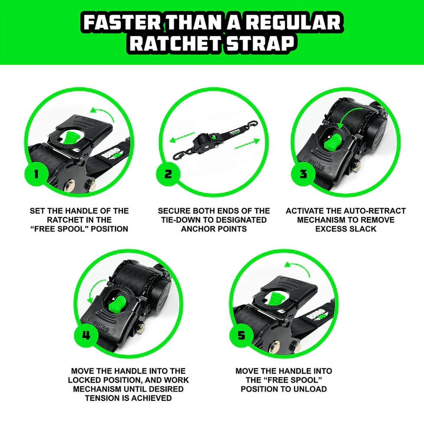 Rhino USA 2in x 10ft Retractable Ratchet Straps, 2 Pack, 1,000lbs Working Load Limit, 7.3lb Product Weight - Image 4