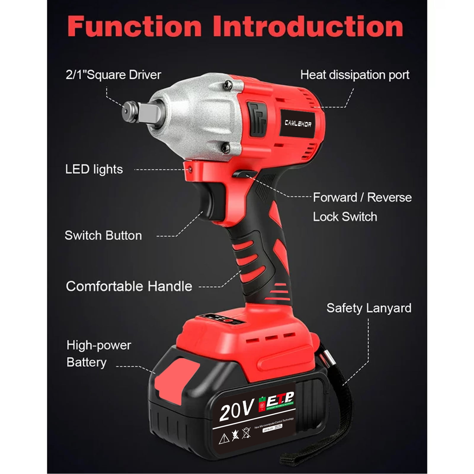 Camlekor Cordless Impact Wrench 1/2 inch Brushless Impact Wrench 20V Batteries Electric Impact Wrench for Car Home - Image 2