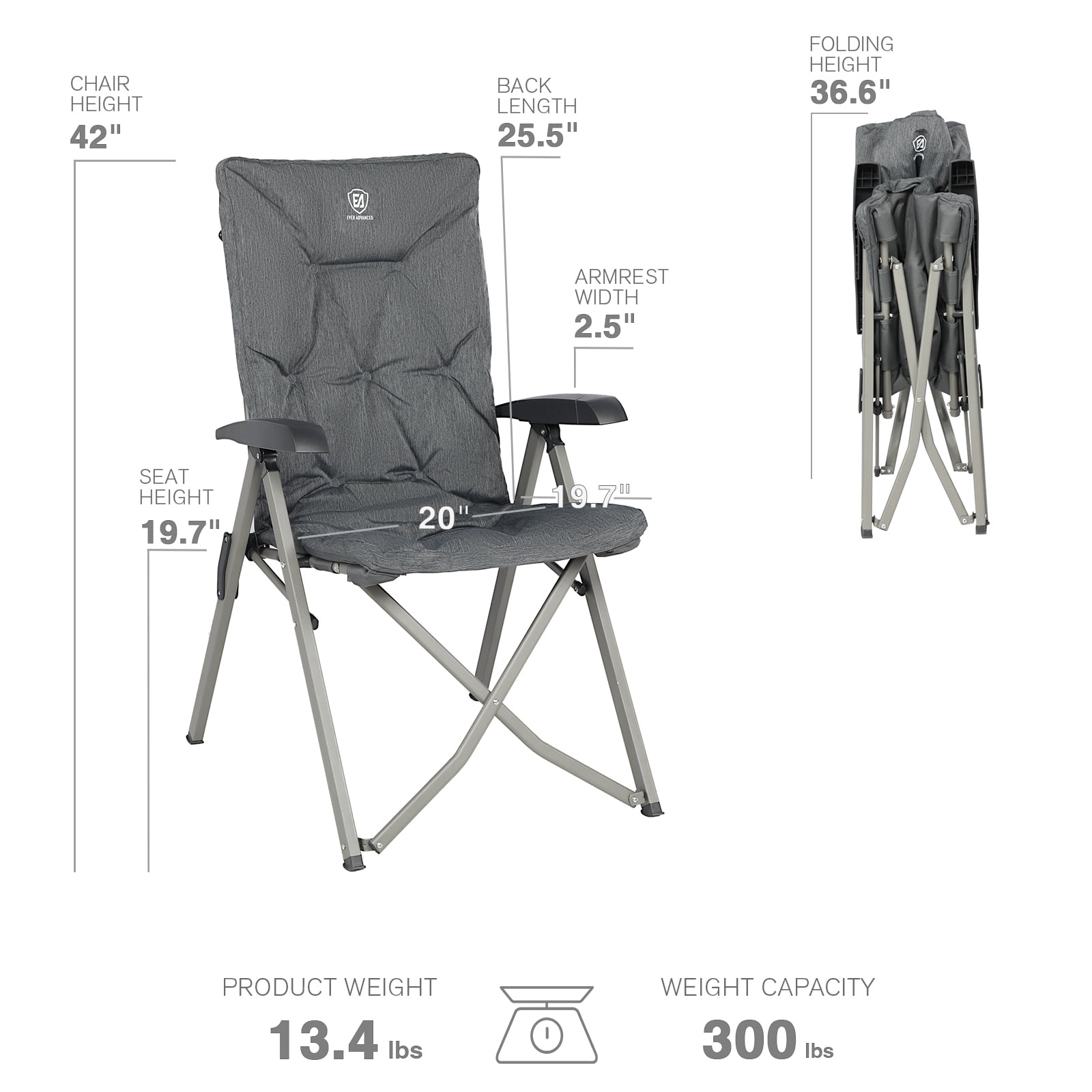 Padded Camping Recliner Chair, Adjustable Folding Reclining Chair with High Back, Supports 300 lbs, Gray - Image 7