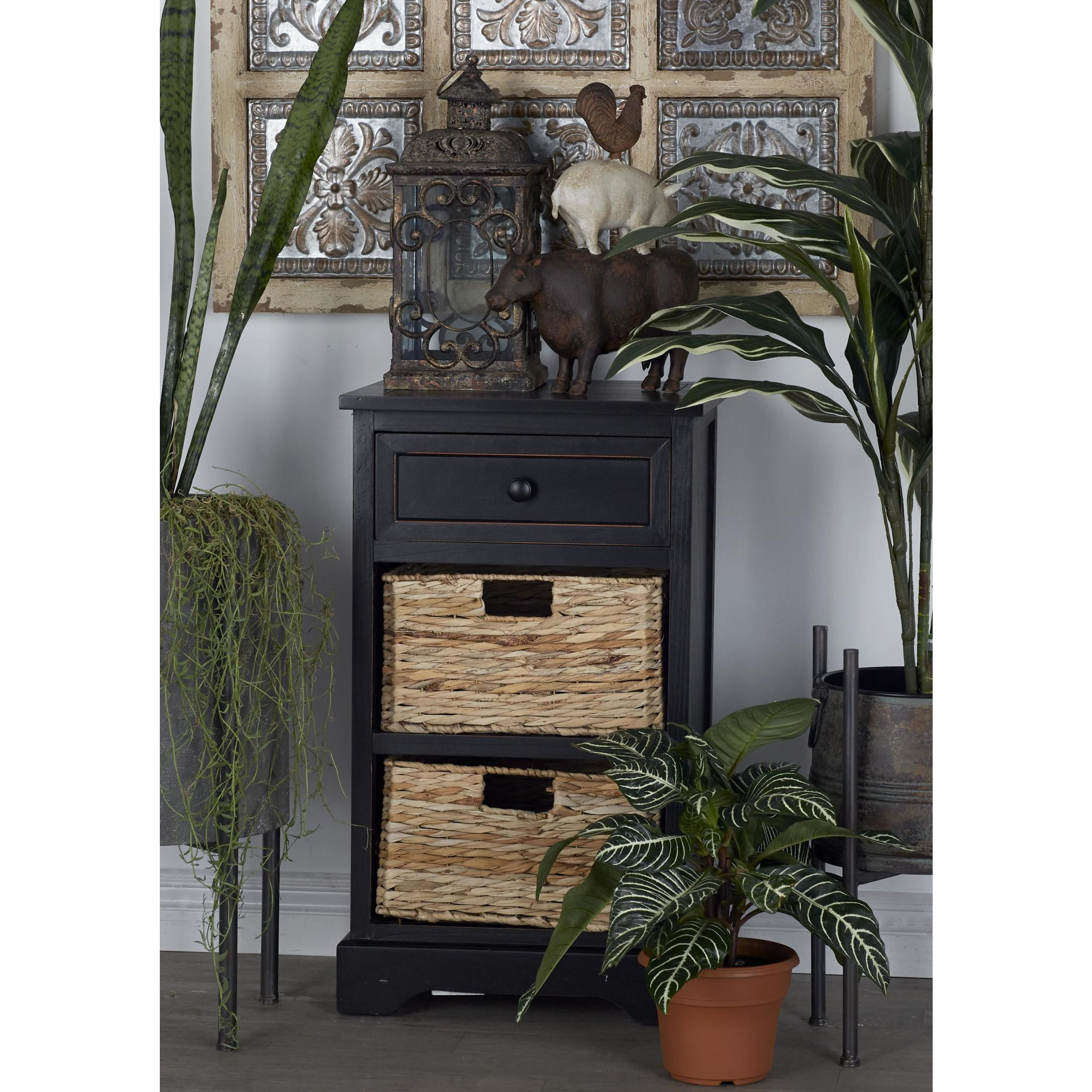 DecMode 16" x 28" Black Wood 1 Drawer Storage Unit with 2 Wicker Basket Drawers, 1-Piece - Image 6