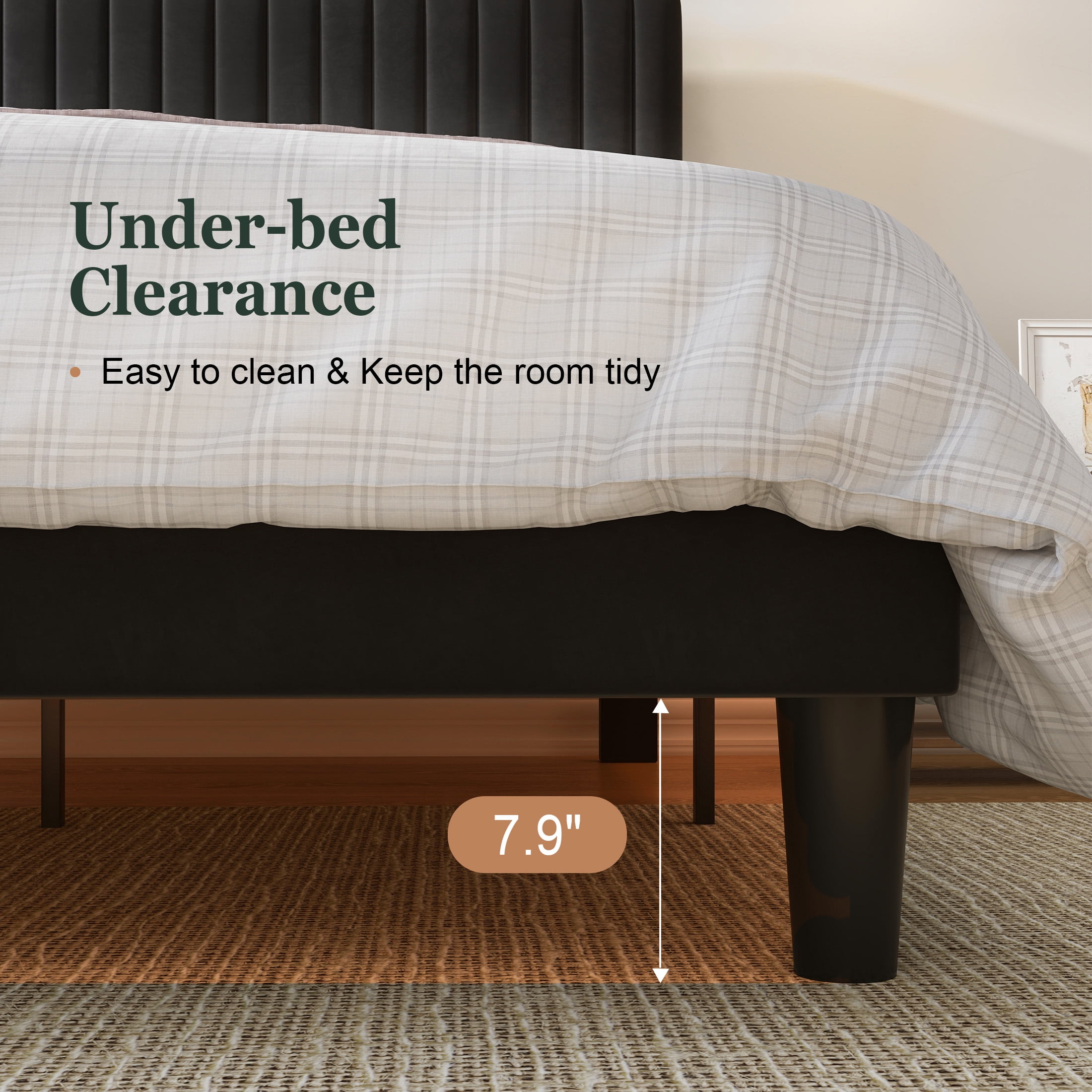 Amolife Queen Size Upholstered Platform Bed Frame with Adjustable Velvet Headboard, Black - Image 6