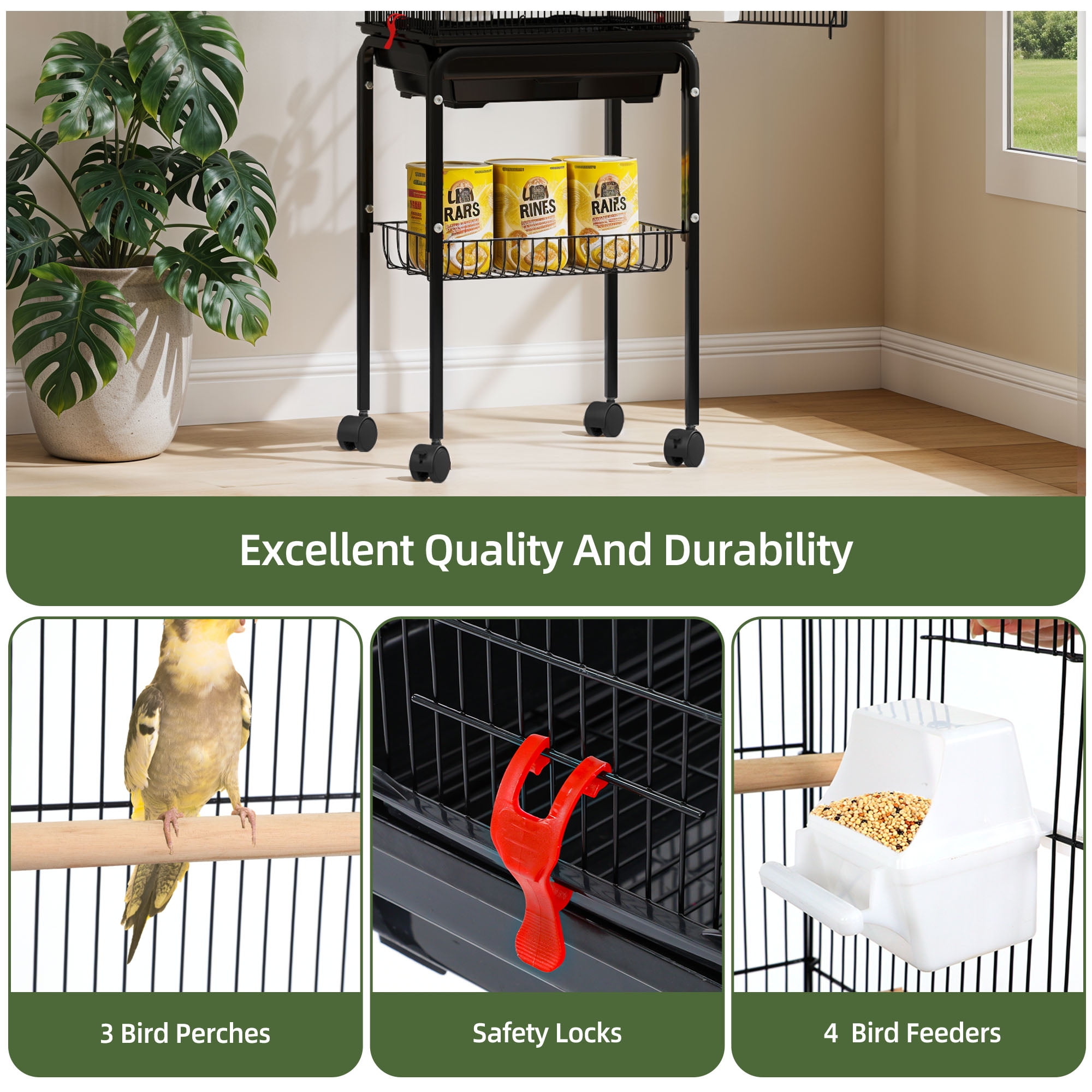 Uforic 62" Metal Birdcage with Rolling Stand and Castor Wheels, Large Parrot Cage with 3 Perches and 4 Feeders, Slide-Out Tray, Black - Image 4