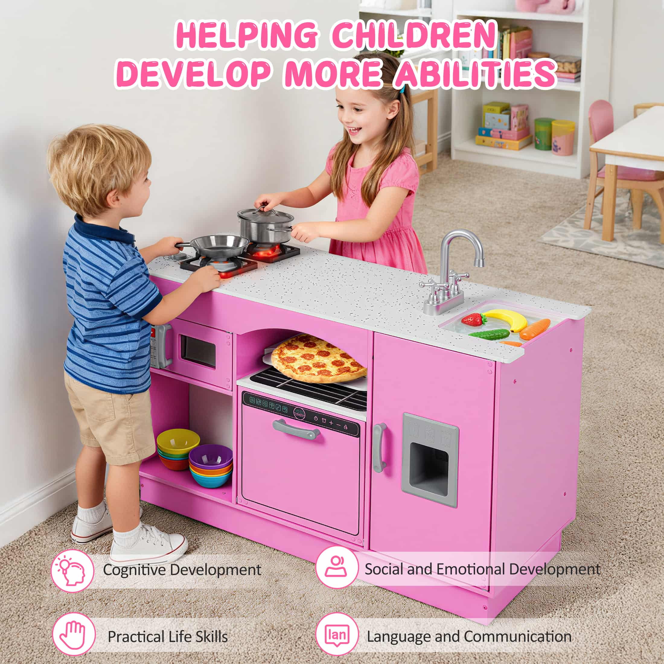 COCLUB Modern Wooden Play Kitchen Island for Kids, Pretend Play Center w/ Electronic Light & Sound Effects, Kids Kitchen Playset | Microwave, Washer, Ice Maker, Chalkboard & Accessories Included - Image 3
