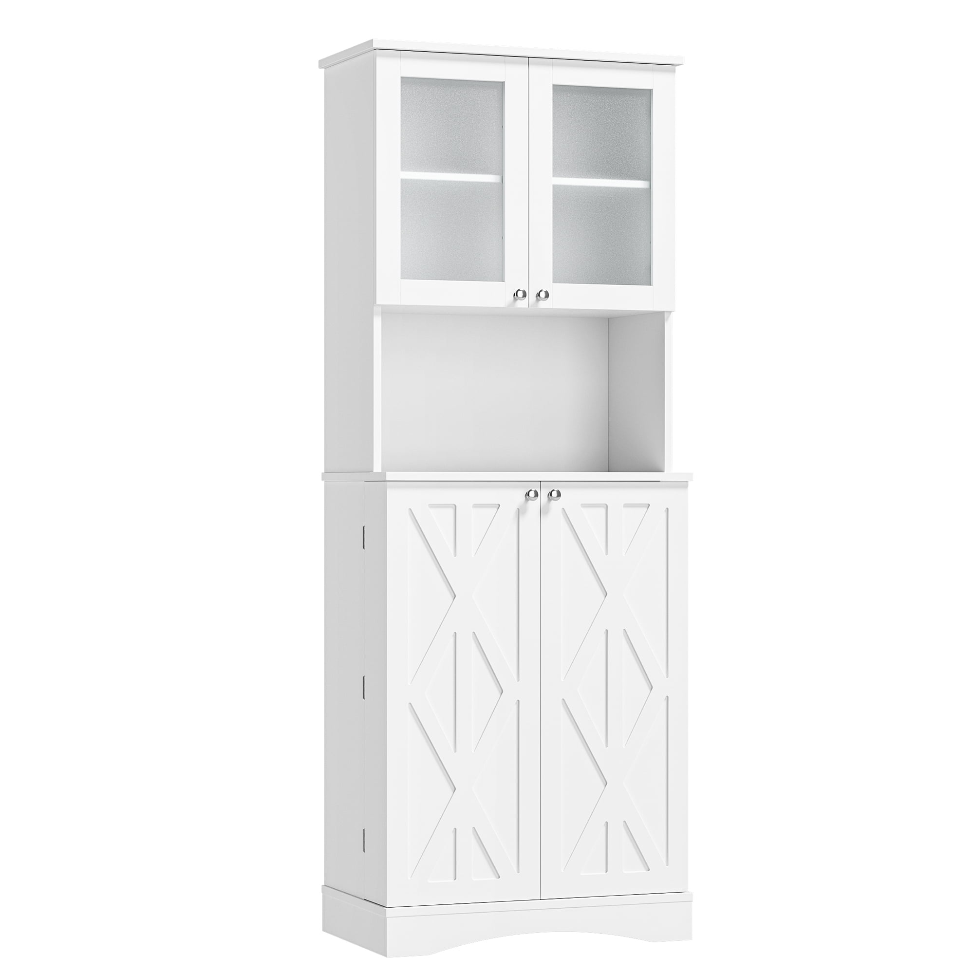 Homfa Farmhouse Kitchen Pantry with Microwave Shelf, 4 Doors Food Storage Cabinet with Adjustable Shelves for Dining Room, White - Image 9