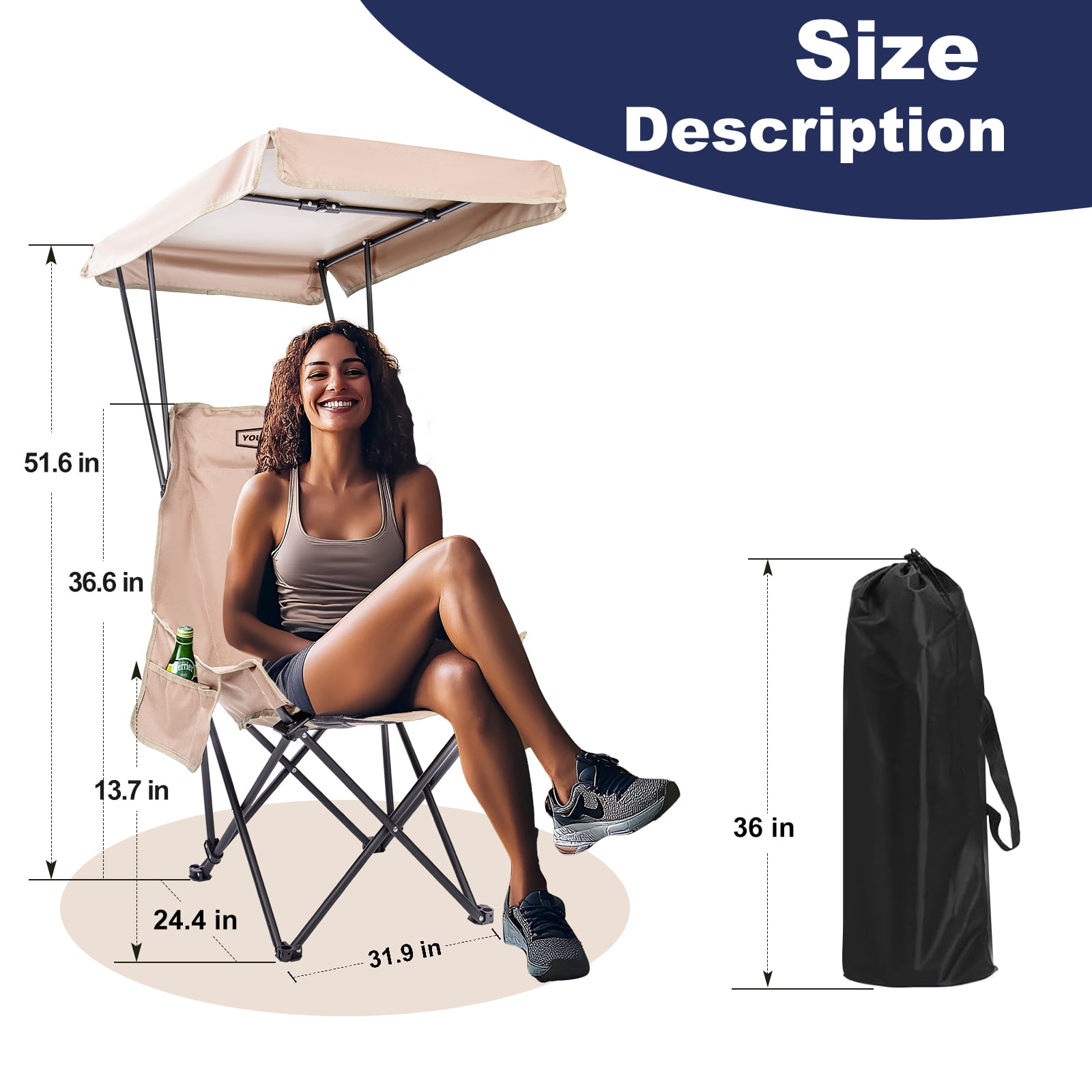 Young Wood Portable Camping Chair with Shade Canopy and Side Pocket Design, Khaki, 1pc - Image 6