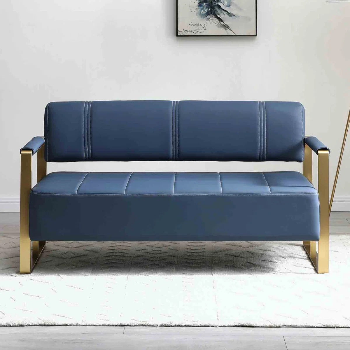 Aukfa 57.9" Modern 2-Seater Faux Leather Loveseat Sofa with Gold Metal Arms, Upholstered Small Couch for Living Room, Apartment, Office, Blue - Image 7