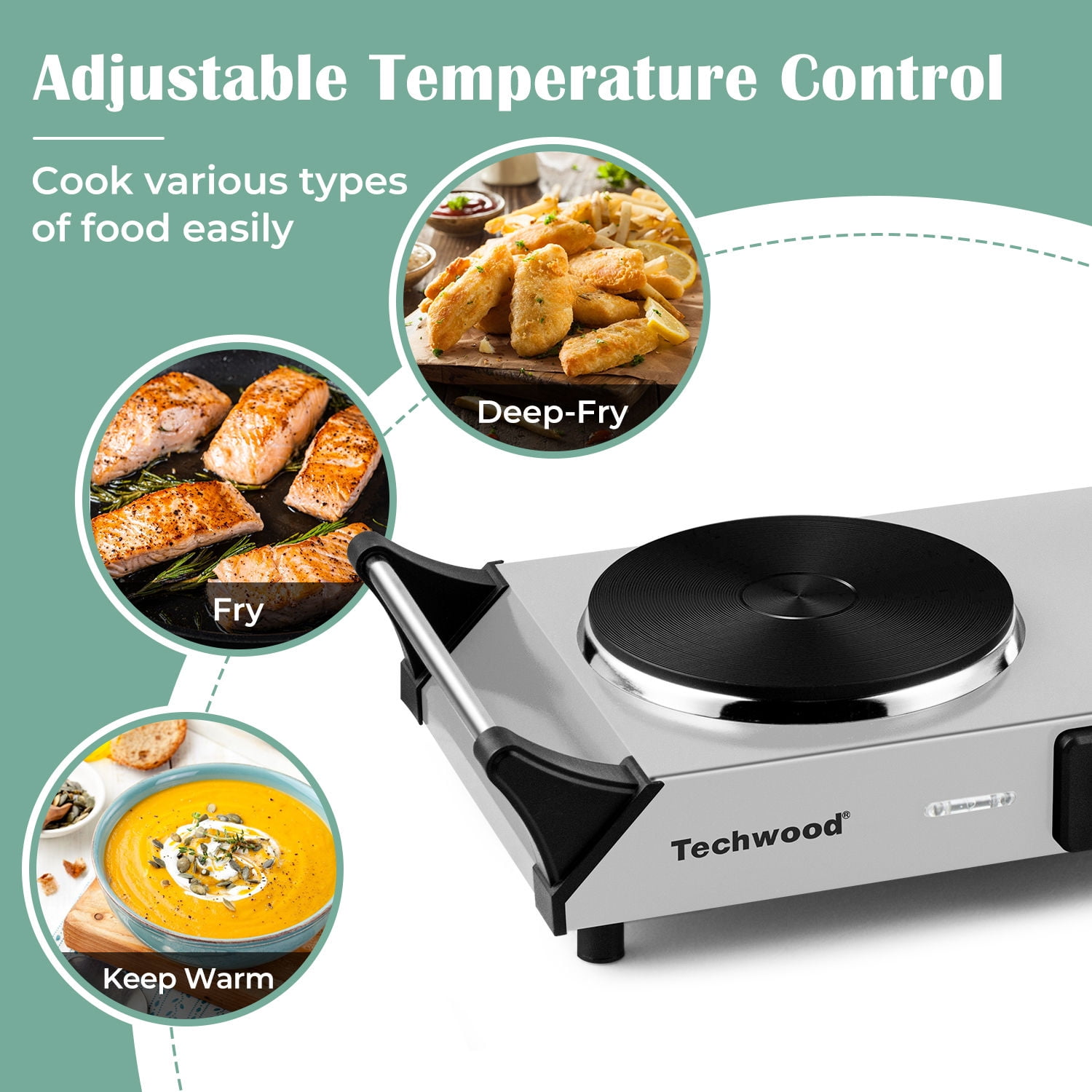 Techwood 1800W Stainless Steel Dual Hot Plate with Stay Cool Handles, Stainless Steel Hot Plate for Kitchen, Dorm, and Camping(Silver) - Image 3