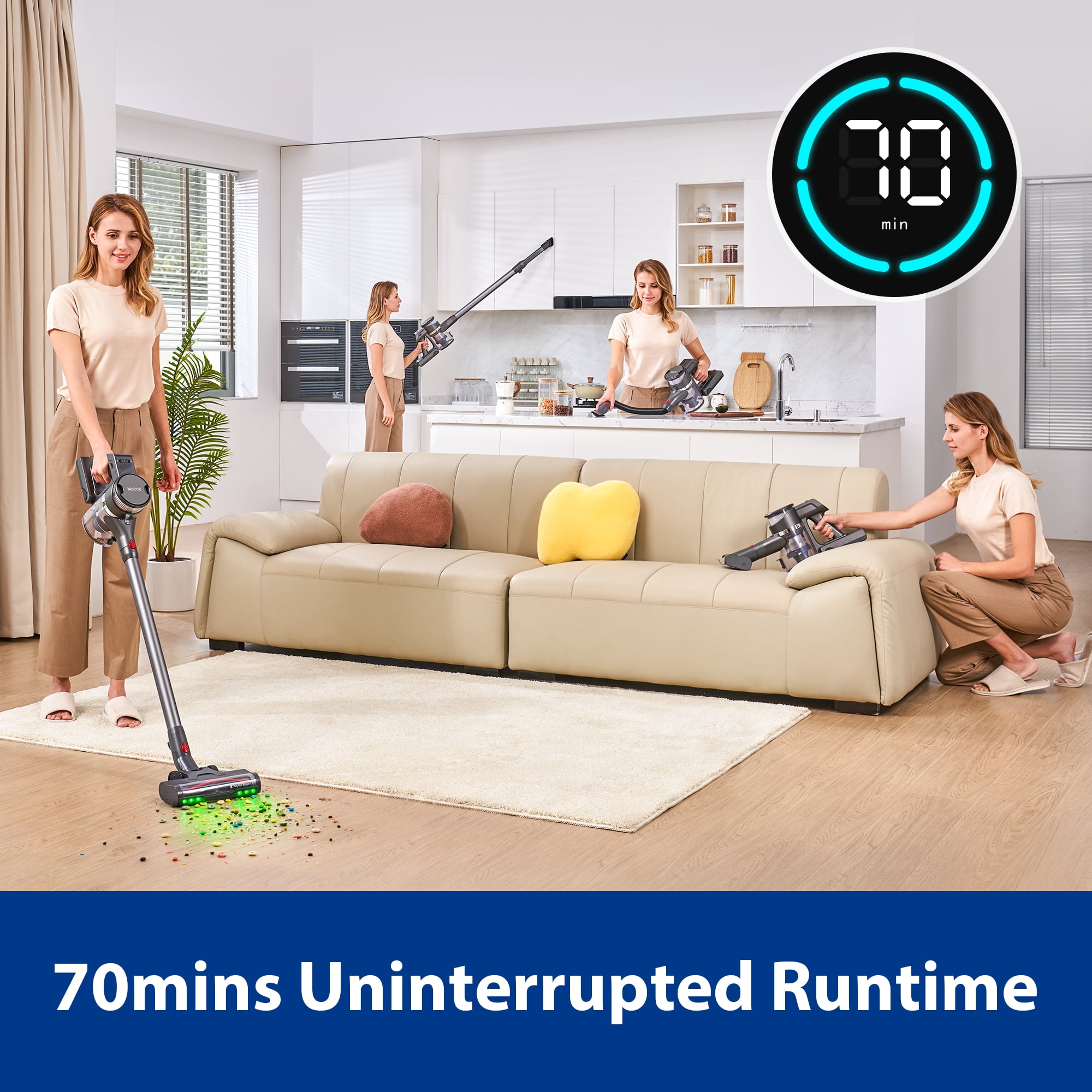 Maircle S3 Pro Cordless Stick Vacuum, Lightweight Cordless Vacuum 400W Powerful Suction, 7*4000mAh Batterys, 70min Runtime, 3 Speeds LED Display, Patented Tangle-Free Brush for Pet Hair Carpet - Image 3