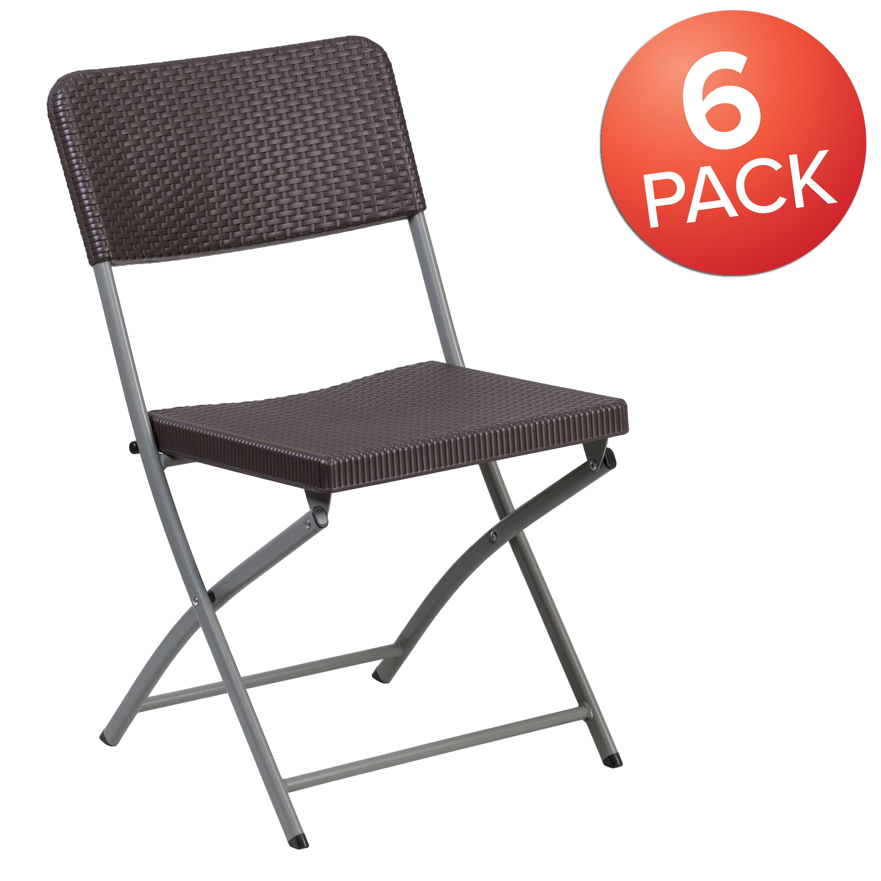 Flash Furniture 6 Pack HERCULES Series Brown Rattan Plastic Folding Chair with Gray Frame - Image 6