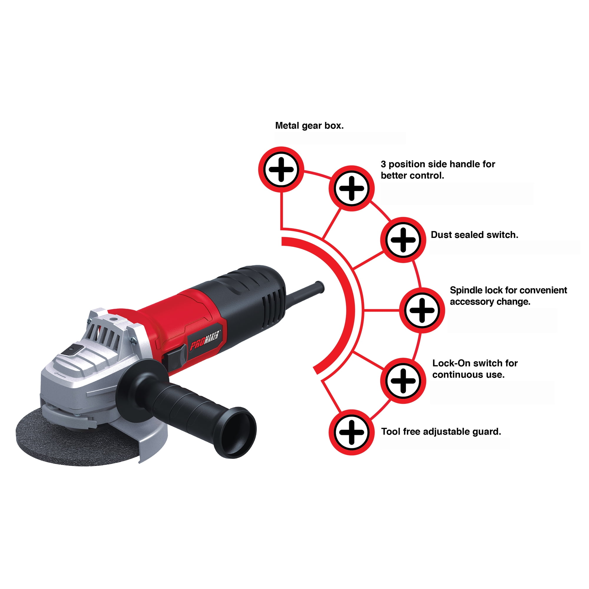 Promaker 6.5-Amp Power Angle Grinder 4-1/2 inch with Protection Googles, Pair of gloves, Two grinding Wheels, Box, and two (2) extra Carbon brushes (115mm) 750W. PRO-ES750KIT. - Image 2