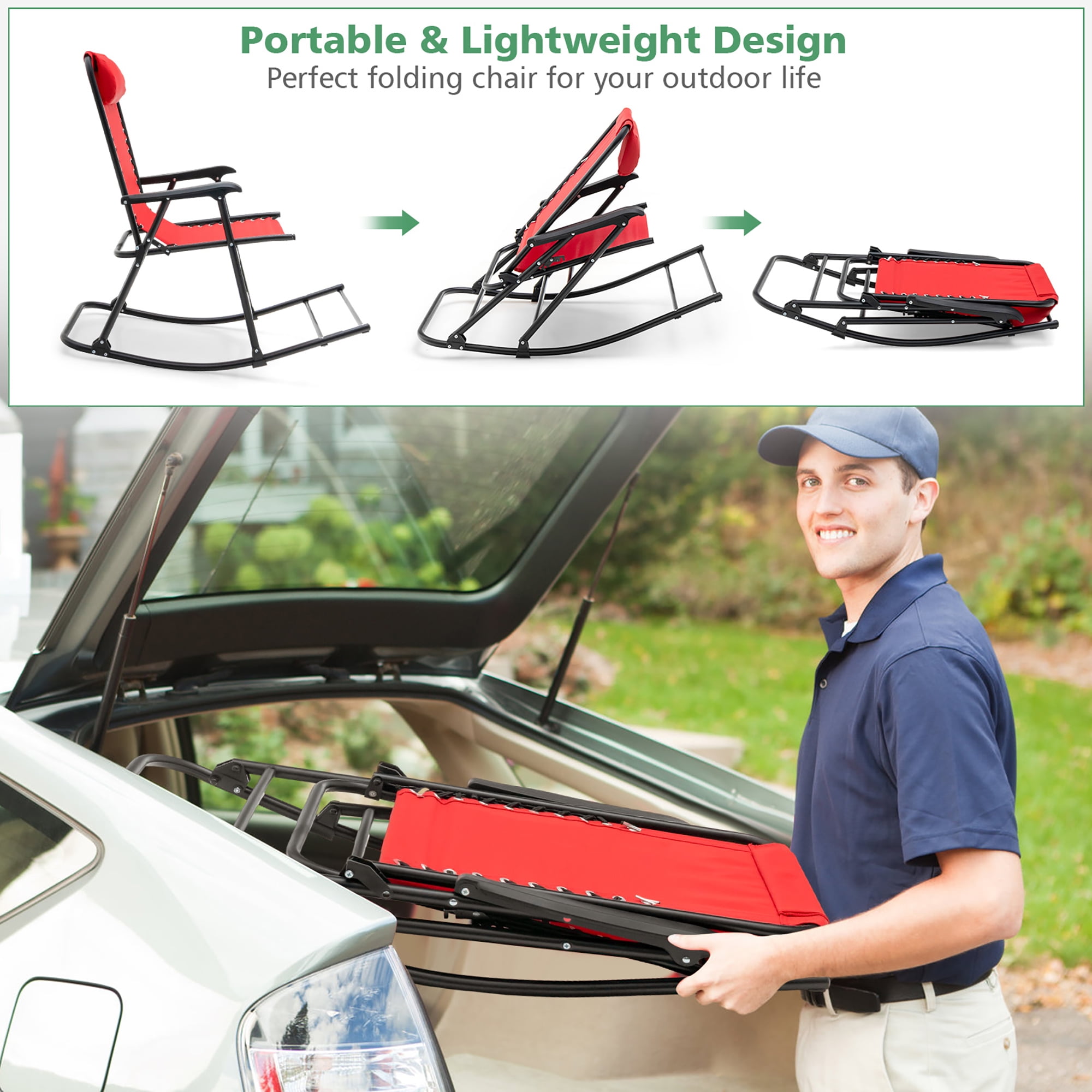 Costway Patio Camping Rocking Chair Folding Rocker Footrest Lightweight Outdoor Red - Image 6