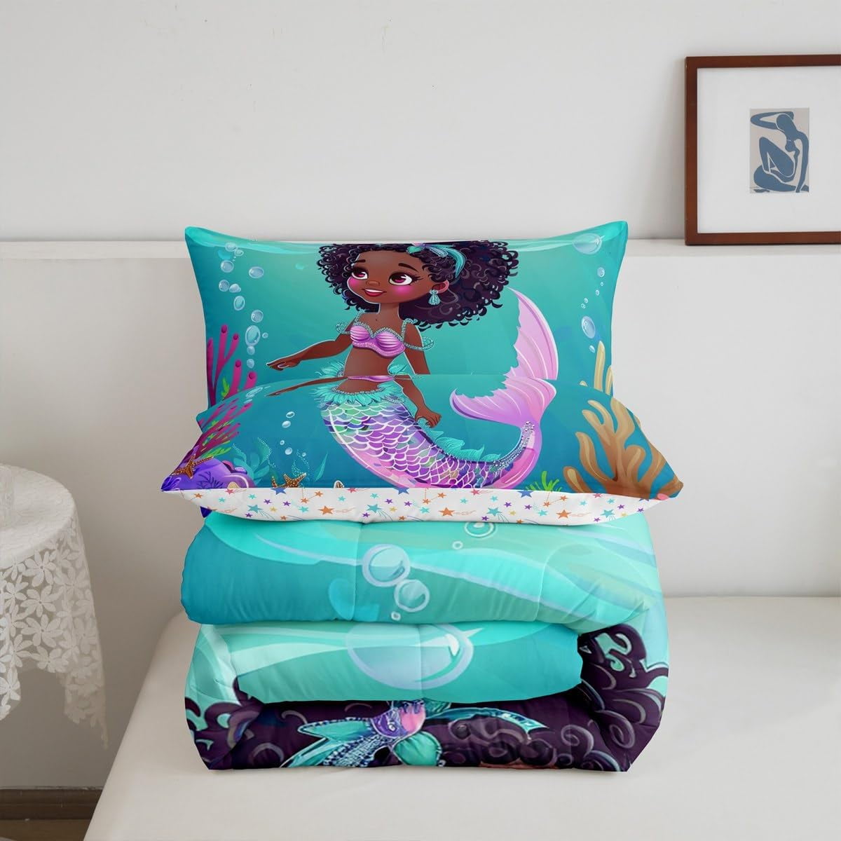 Erosebridal Black Mermaid Comforter Set Queen Black Princess Bedding Sets Cute Ocean Mermaid Bed Comforter Sets American African Quilt Set Marine Life Room Decor 2 Pillow Cases - Image 3