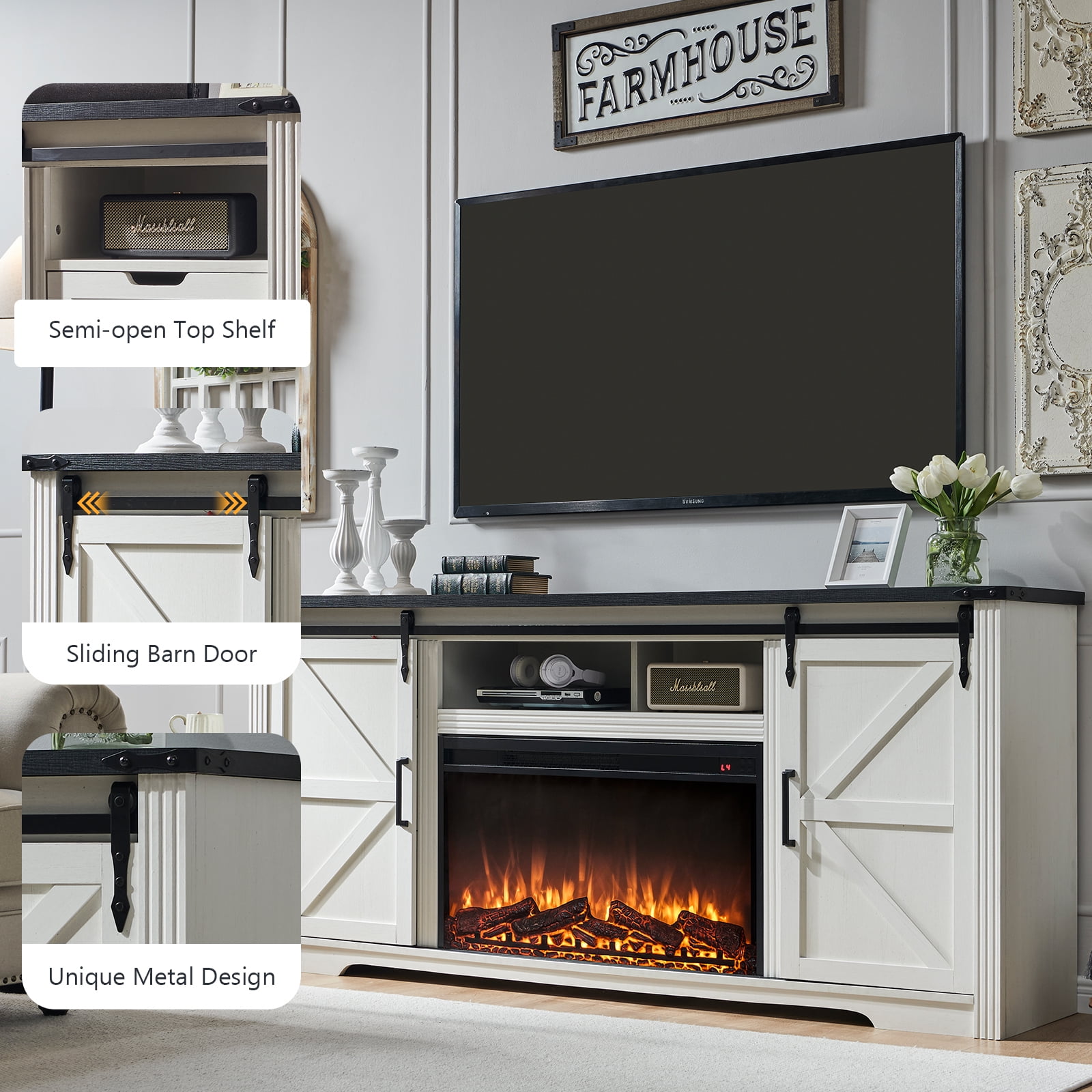 T4TREAM Farmhouse TV Stand for TVs up to 80", Entertainment Center with 30" Electric Fireplace and Sliding Barn Door&4 Drawers Storage Inside, Off White - Image 9