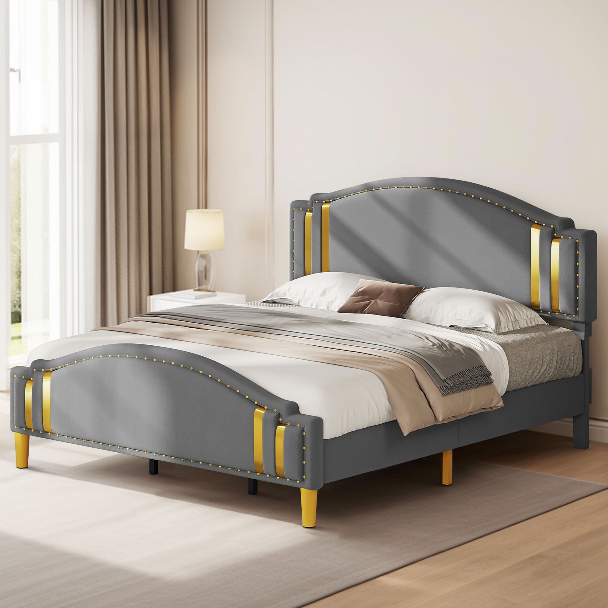 Dextrus Upholstered Wingback Bed Frame, King Size Platform Bed Frame, Gray - Image 7