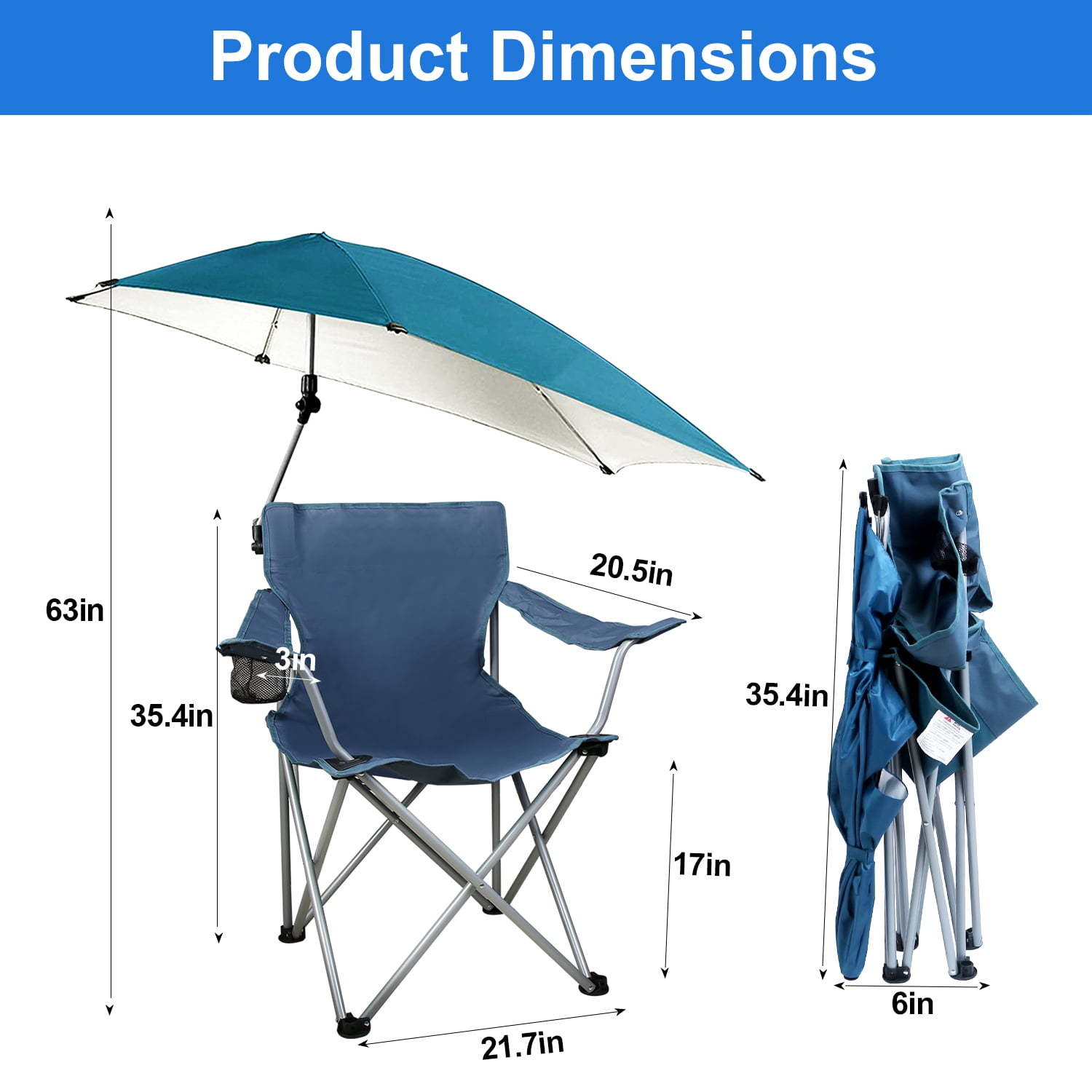 Moclever Canopy Beach Chair Folding Camping Chair with Cup Holder and Detachable Umbrella, Black - Image 10