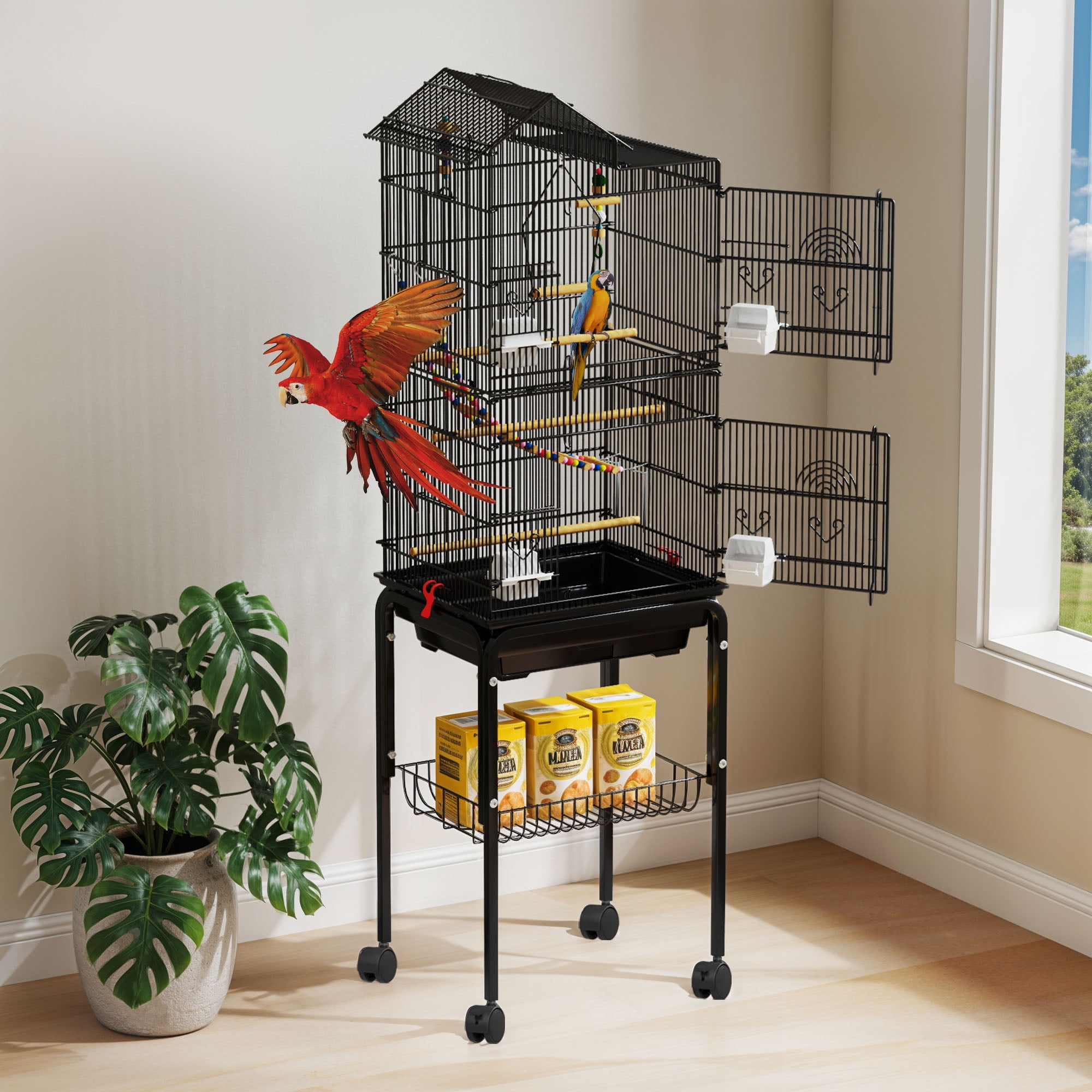Uforic 62" Metal Birdcage with Rolling Stand and Castor Wheels, Large Parrot Cage with 3 Perches and 4 Feeders, Slide-Out Tray, Black - Image 2