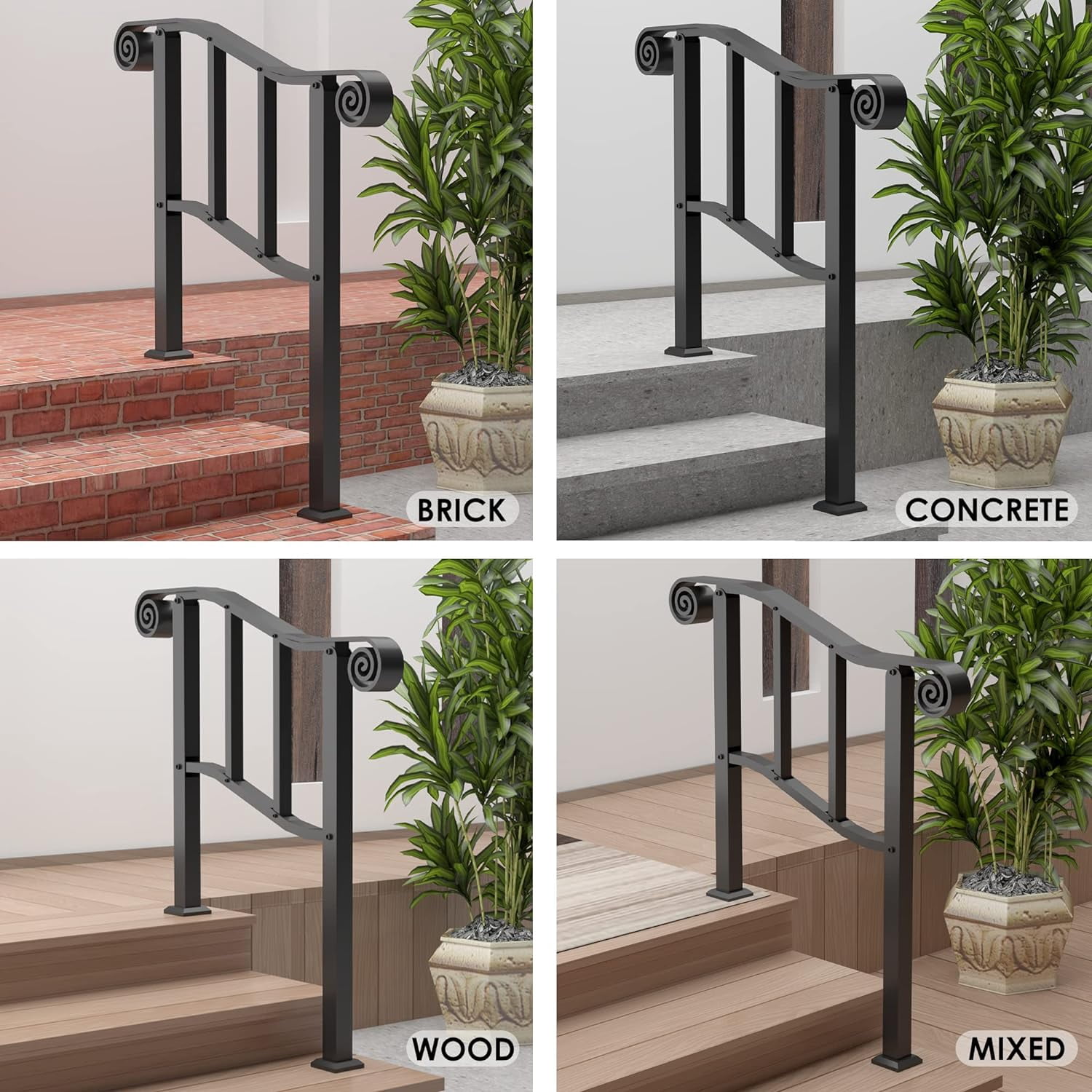 tonchean Iron Handrail for Stairs Fits 2 or 3 Steps, 39"L x 40"H Outdoor Stair Railing, Black - Image 4