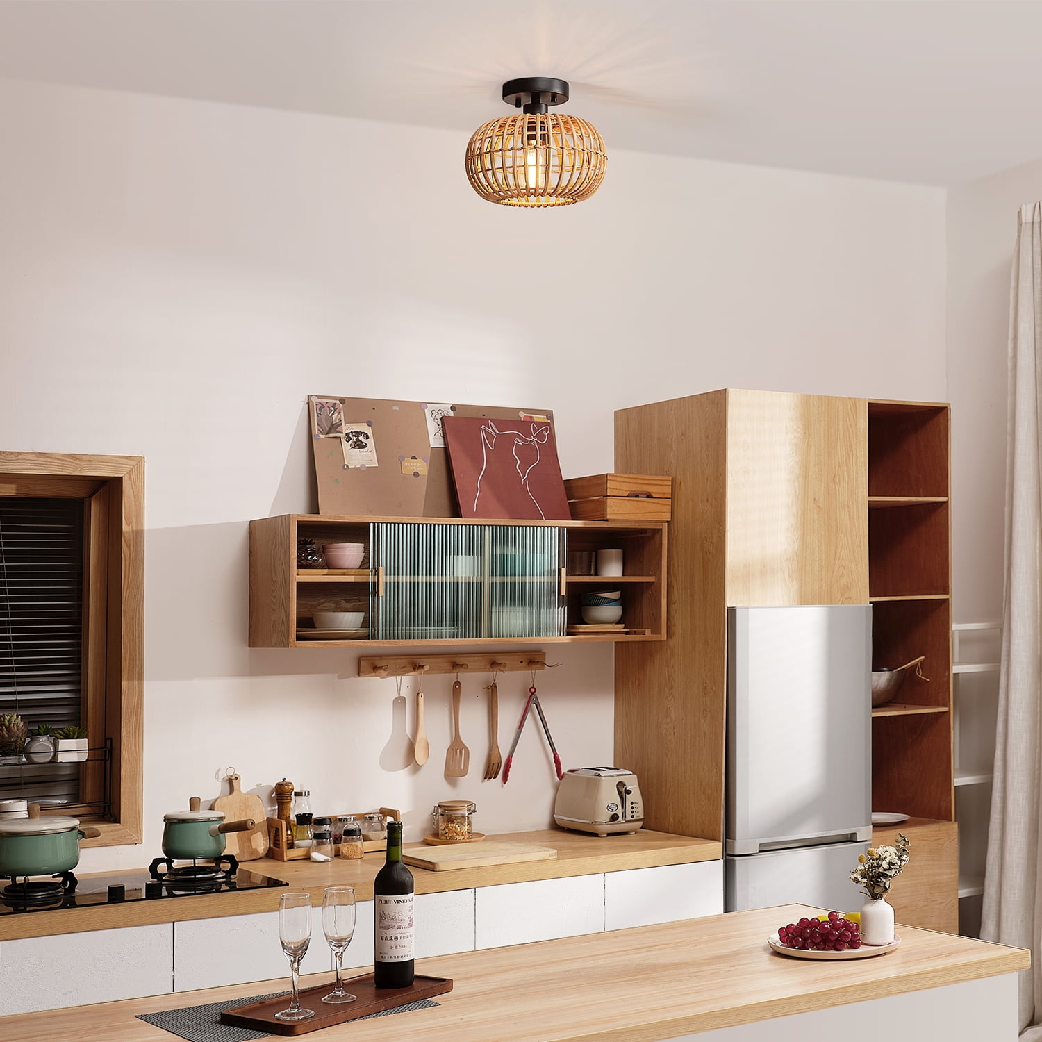 Globe Electric Fitz 1-Light Black Flush Mount Ceiling Light with Rattan Shade, 91000921 - Image 9