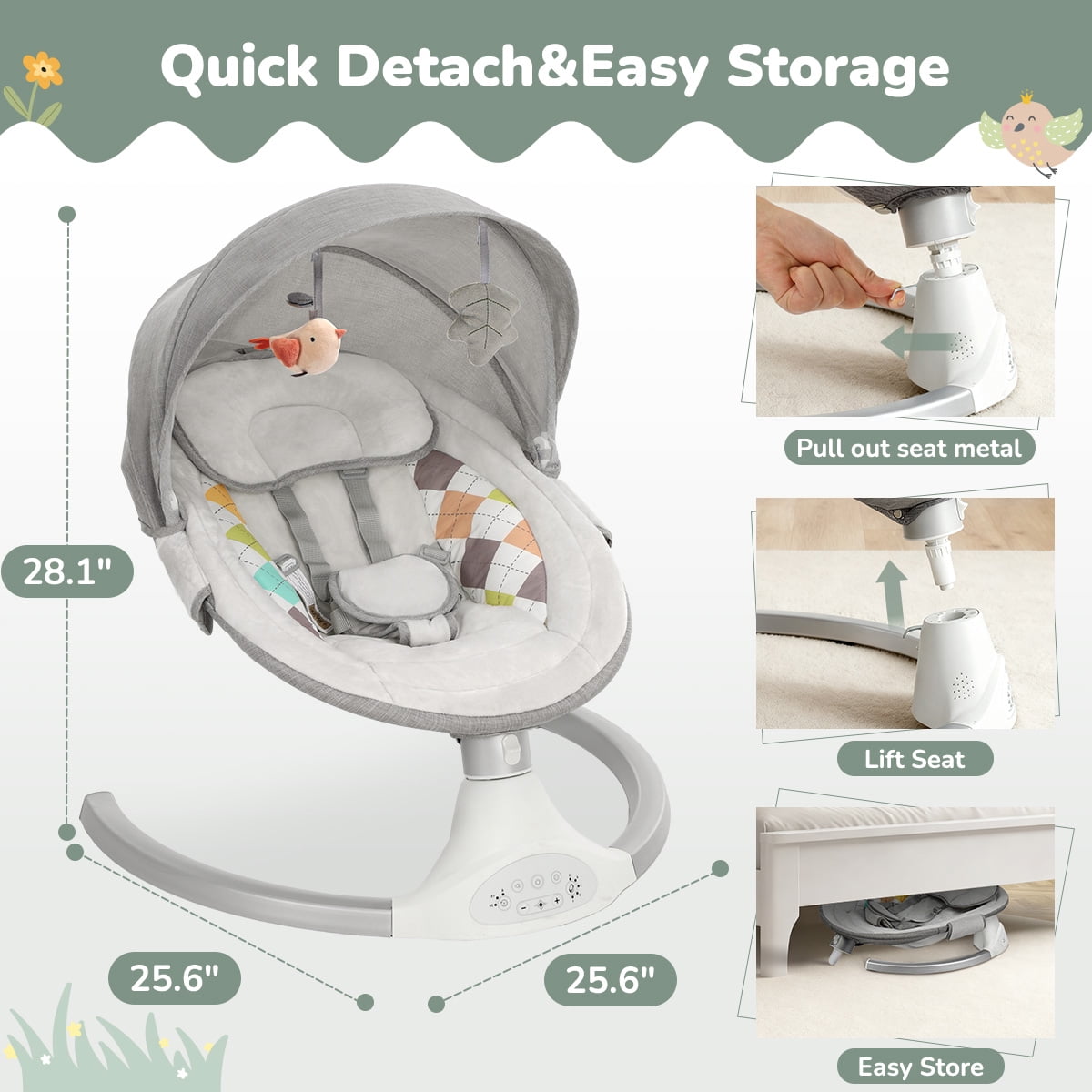 Baby Swing for Infants, Caveen Baby Rocker with Dinner Plate, 5 Swing Speeds, Adapter Battery Operated, Indoor,Outdoor, Grey - Image 9