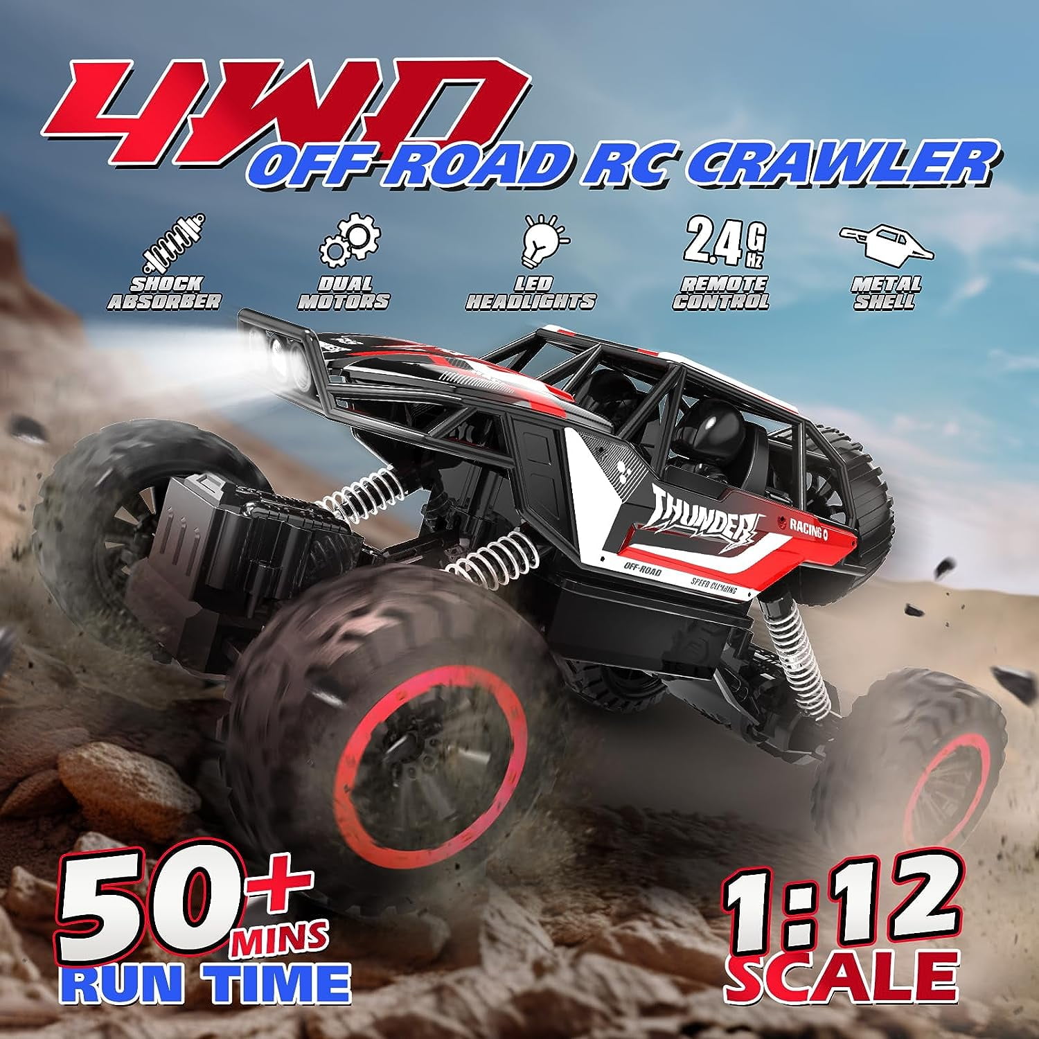 1:12 RC Cars 4WD off Road 2.4Ghz RC Monster Truck with Metal Shell and Light, Remote Control Car Crawler for Adult and Kid, 2 Batteries, Red - Image 3