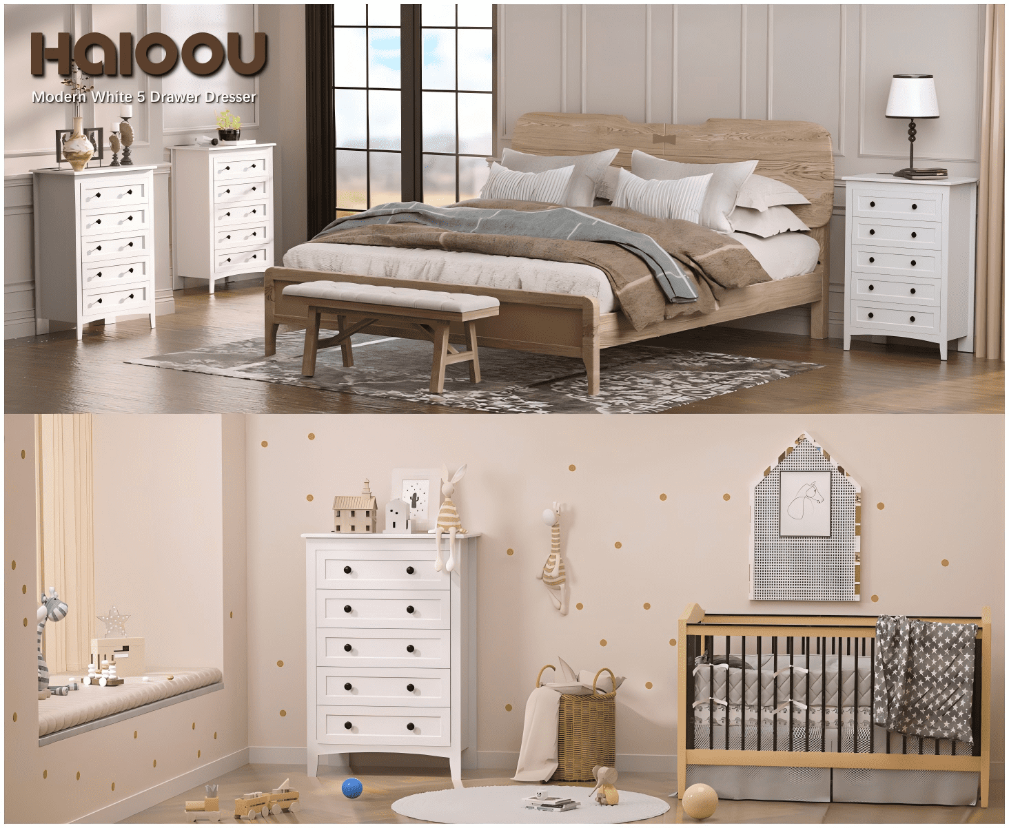 5 Drawer White Dresser with Power Outlets, Wooden Vertical Dressers for Bedroom & Living Room - Image 5