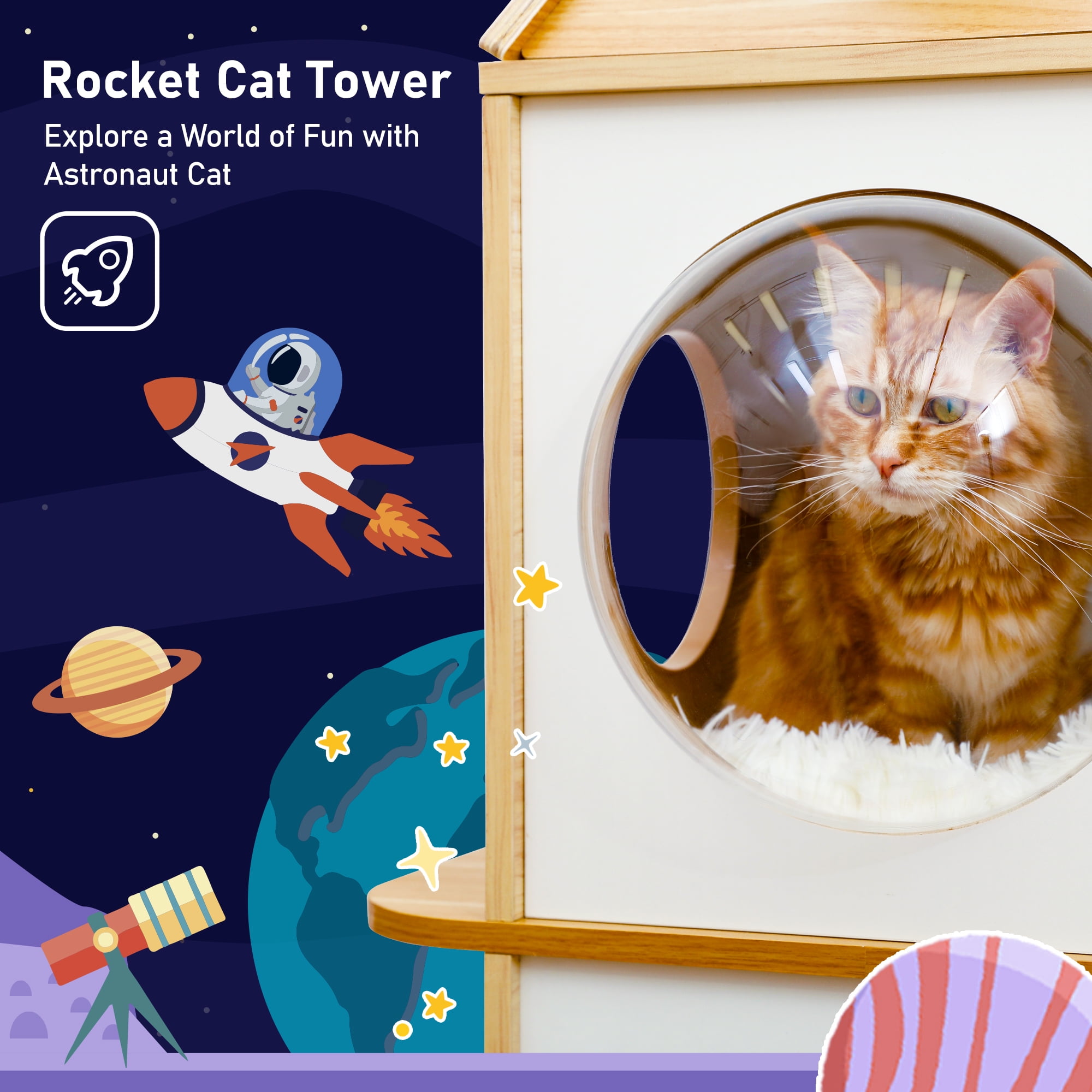 PAWZ Road Modern Cat Tree 54" Rocket Cat Tower Spaceship 3 Condo Cat Furniture for Indoor Cats, Beige - Image 9