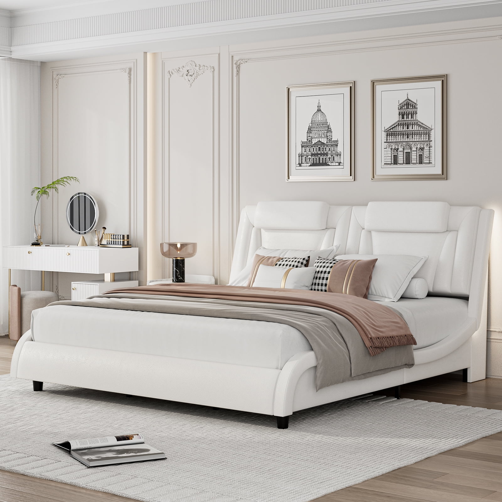 Homfa Queen Bed Frame with Adjustable LED Headboard, PU Leather Curved Upholstered Platform Bed Frame, White - Image 12