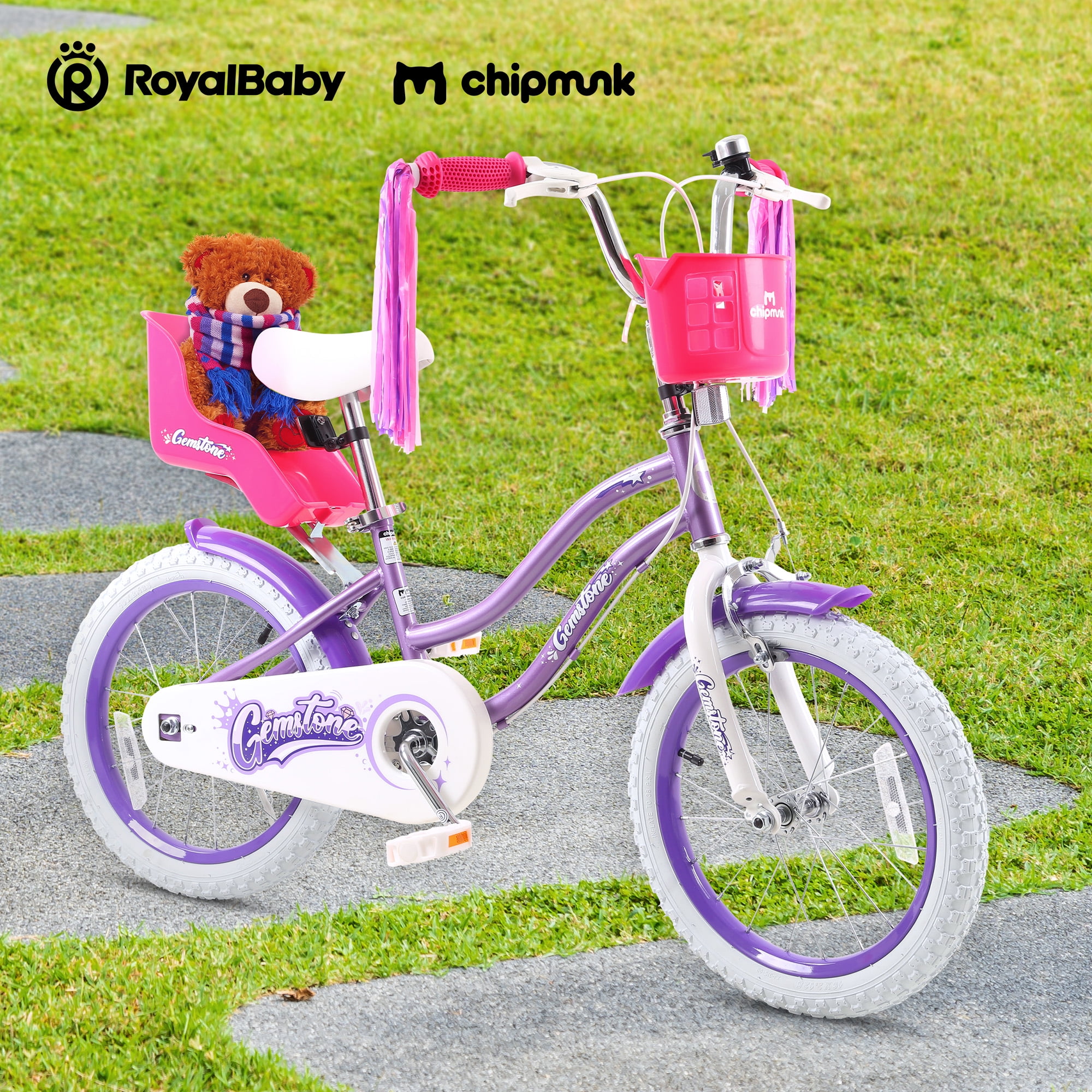 RoyalBaby 14 inch Gemstone Girls Bike Coaster Brake Ages 3-4 Years, With Doll Bike Seat and Streamers Multiple Colors, Purple - Image 4