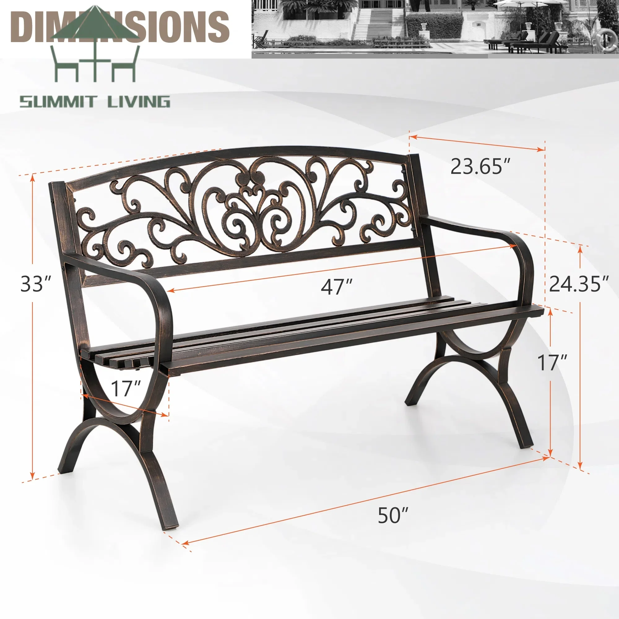 Summit Living 50 Inches Outdoor Garden Bench,Cast Iron Patio Park Bench Metal Frame,Bronze - Image 2