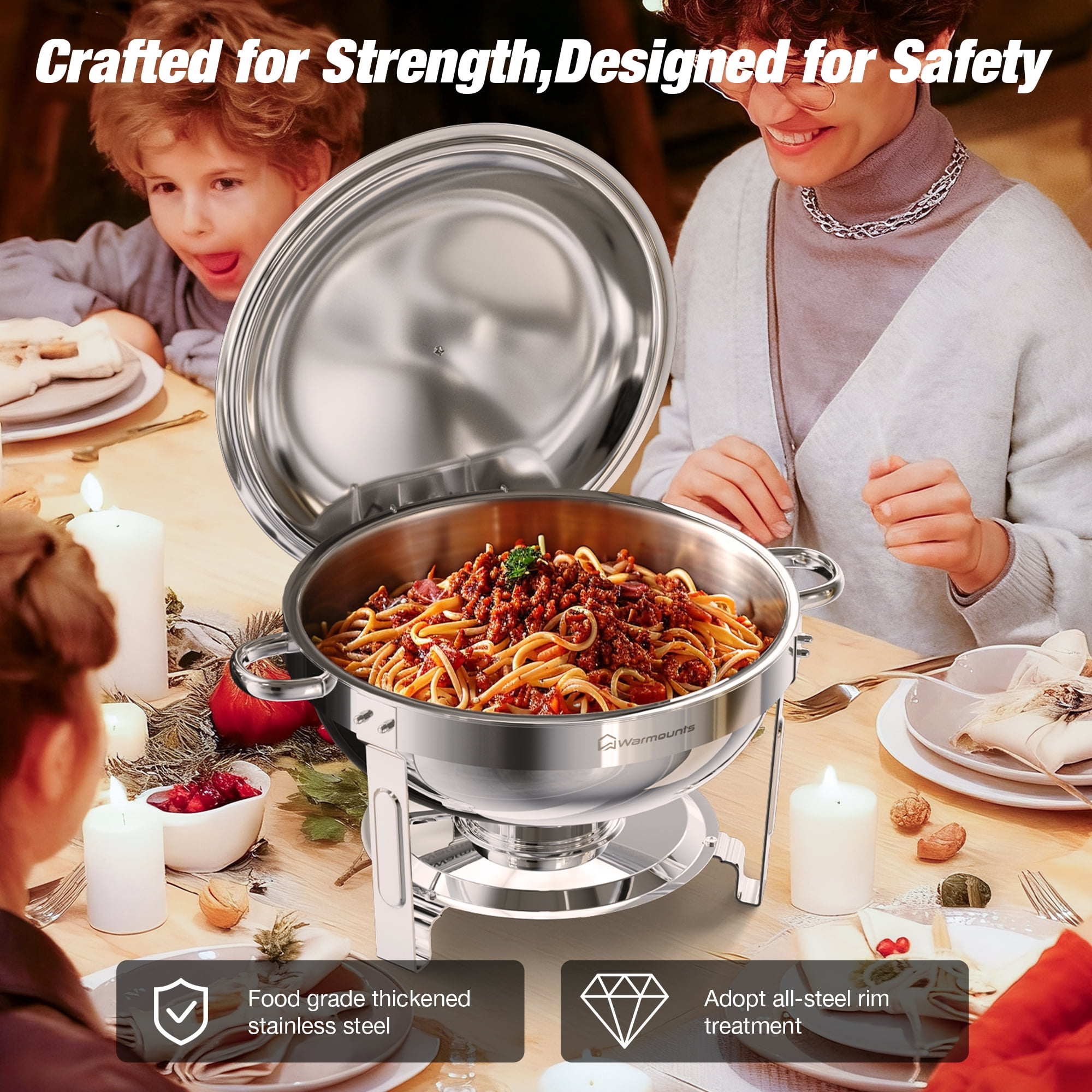 WARMOUNTS Round Chafing Dish Buffet Set 4 Pack, 5QT Polished Stainless Steel Chafing Dish, Buffet Servers and Warmers Set with Lid & Holder for Party, No Finger Cuts - Image 9