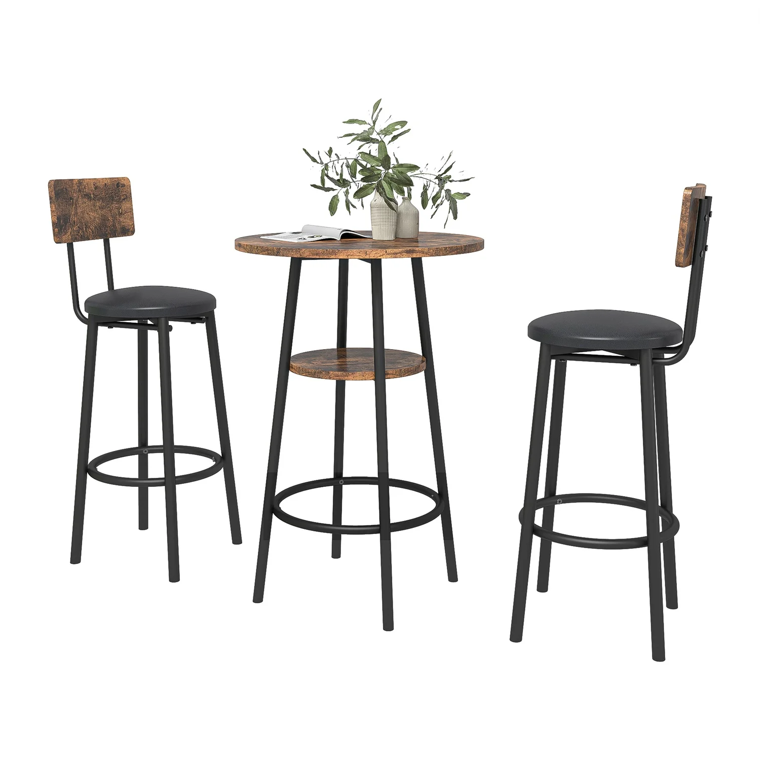 Hommoo 3-Piece Dining Round Table and Chairs Set, Industrial Bar Table Set Kitchen Table and 2 Stools on Breakfast Nook, Rustic Brown - Image 2
