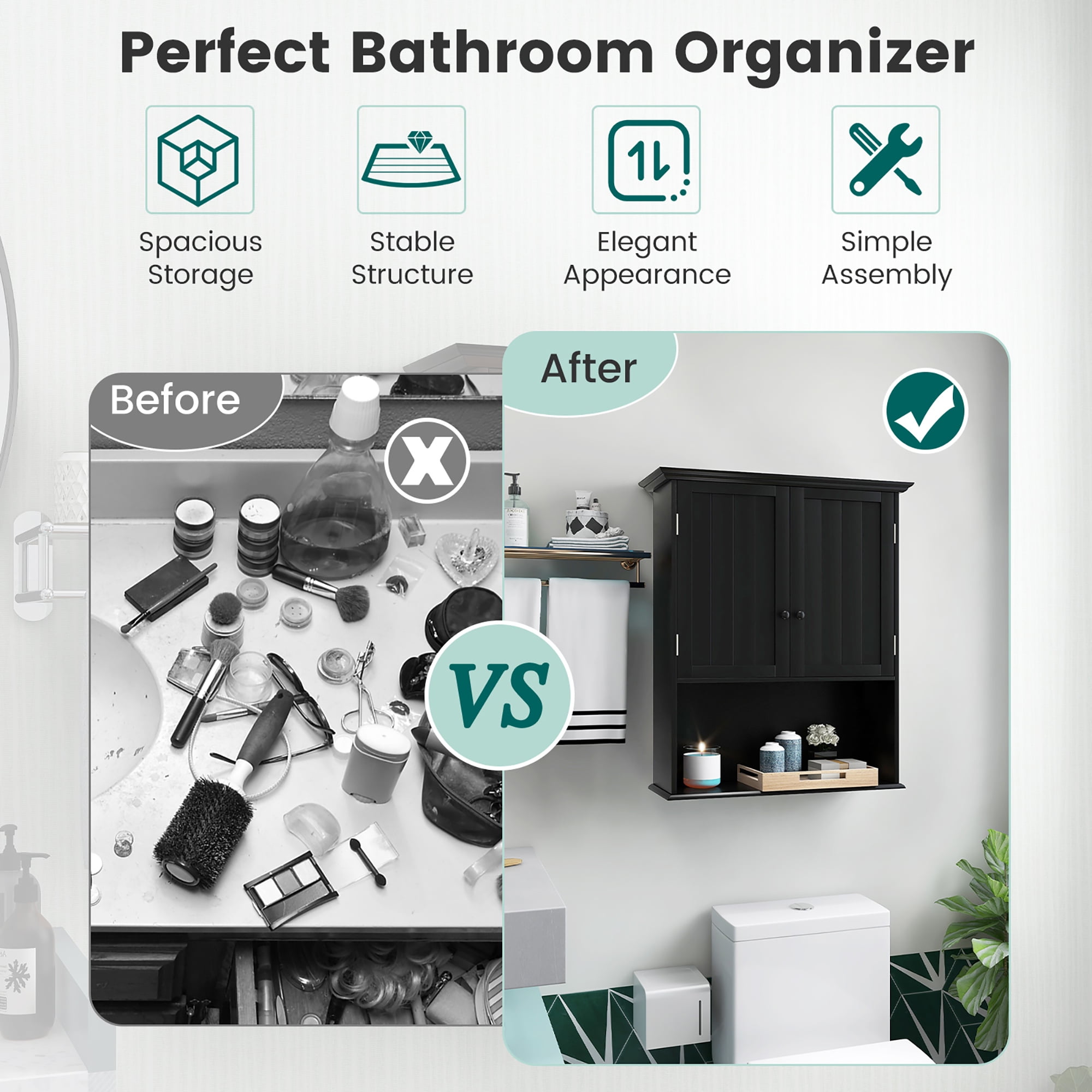 Costway Wall Mount Bathroom Cabinet Wooden Medicine Cabinet Storage Organizer Black - Image 9