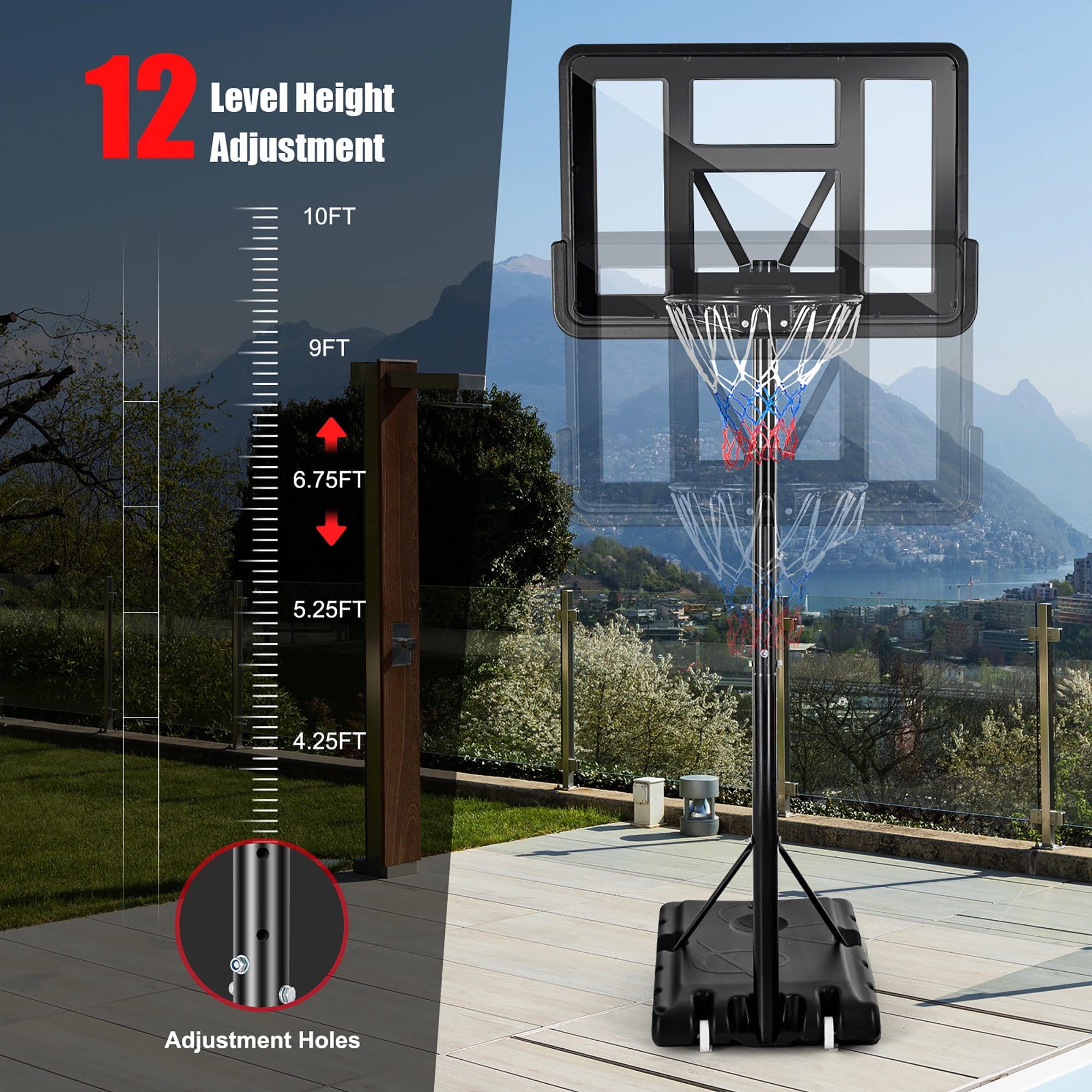 Costway 4.5'-10' Adjustable Height Shatterproof Outdoor Portable Basketball System (Adult) - Image 9