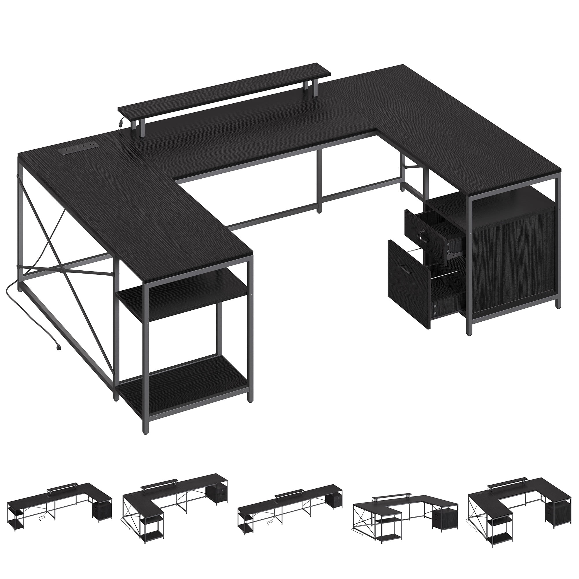 Dextrus L Shaped Desk with Power Outlets & LED Lights, Reversible Computer Desk with Drawers & Storage Shelves, Large U Shaped Desk, Black - Image 9