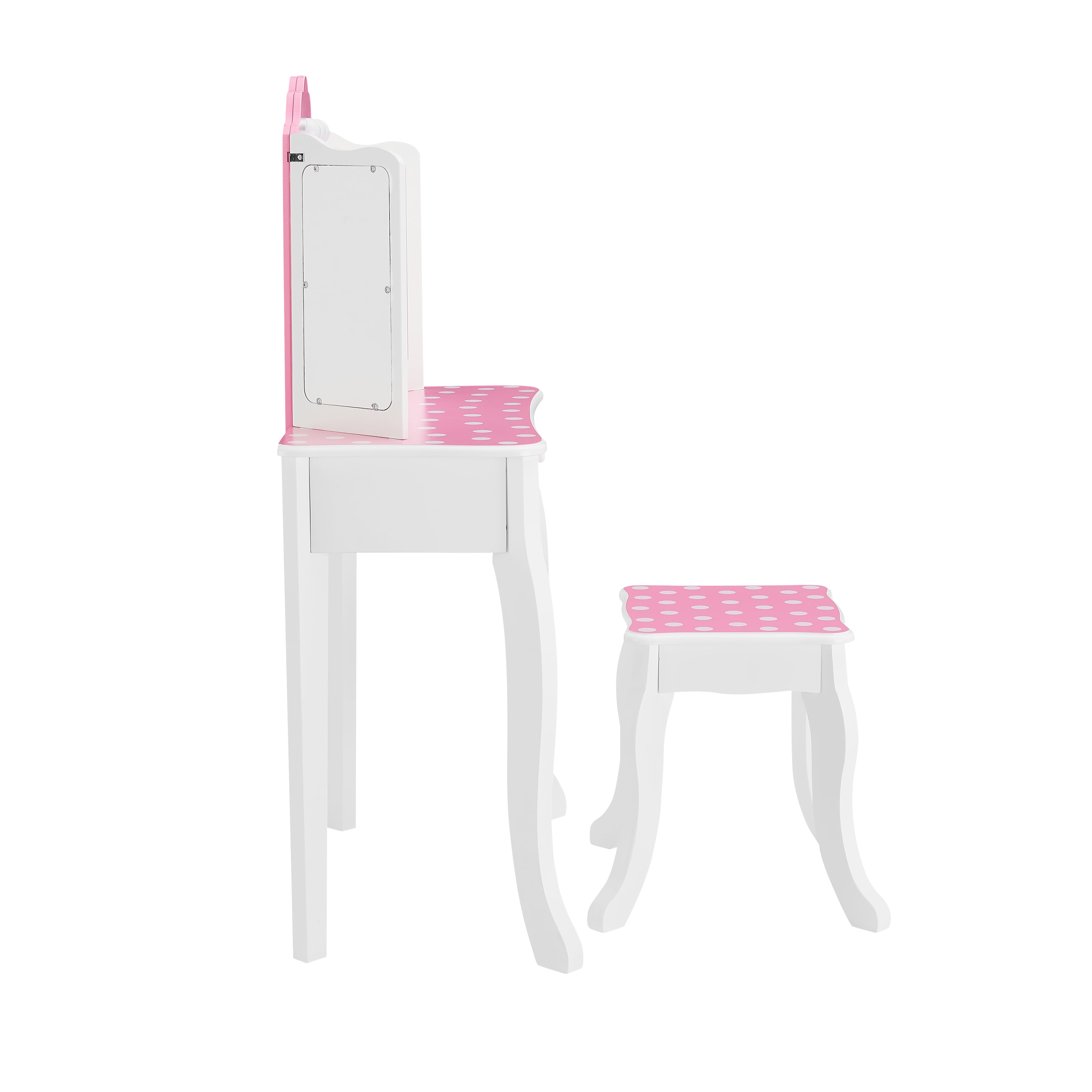 Fantasy Fields Gisele Polka Dot Kids Vanity Table & Stool with LED, White & Pink - Image 4