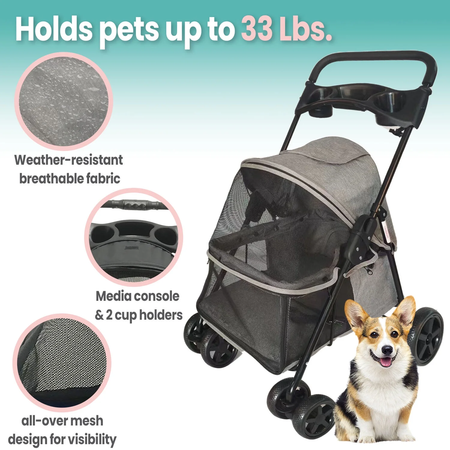 Critter Sitters Grey Foldable Pet Stroller for Small Dogs/Cats with Breathable Scratch Resistant Mesh Window - Image 5