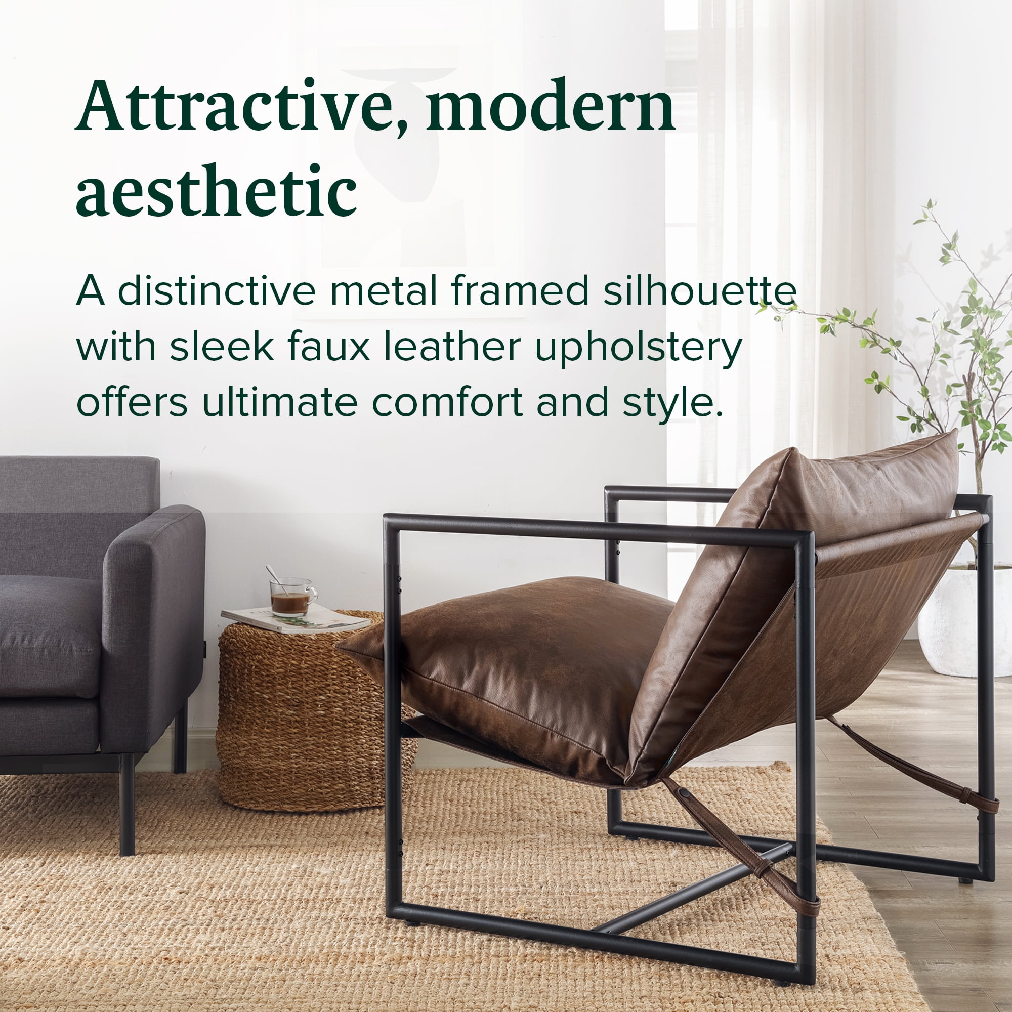 Zinus Aidan Faux Leather Sling Indoor Accent Chair, Cocoa Brown - Image 4