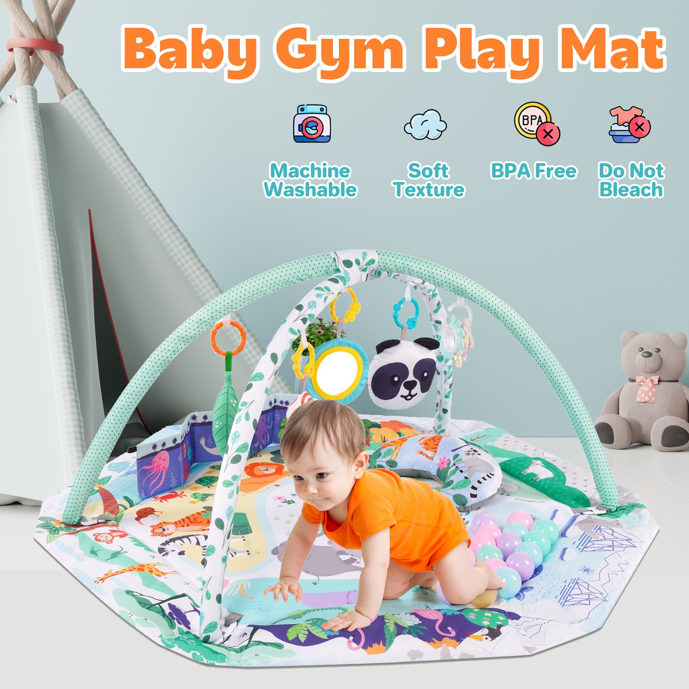 Baby Play Gym and Activity Mat - 4-in-1 Tummy Time Gym with Sensory Toys for Infants & Toddlers, Green - Image 6