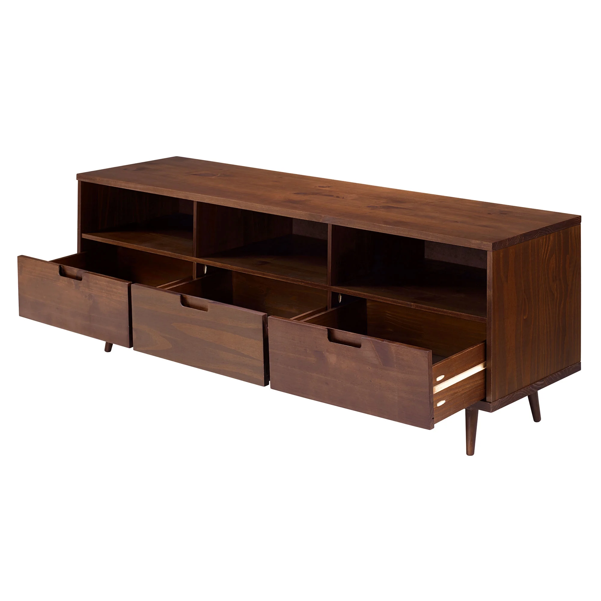 Walker Edison Modern Boho Wood 3 Drawer 70” TV Stand, Walnut - Image 6