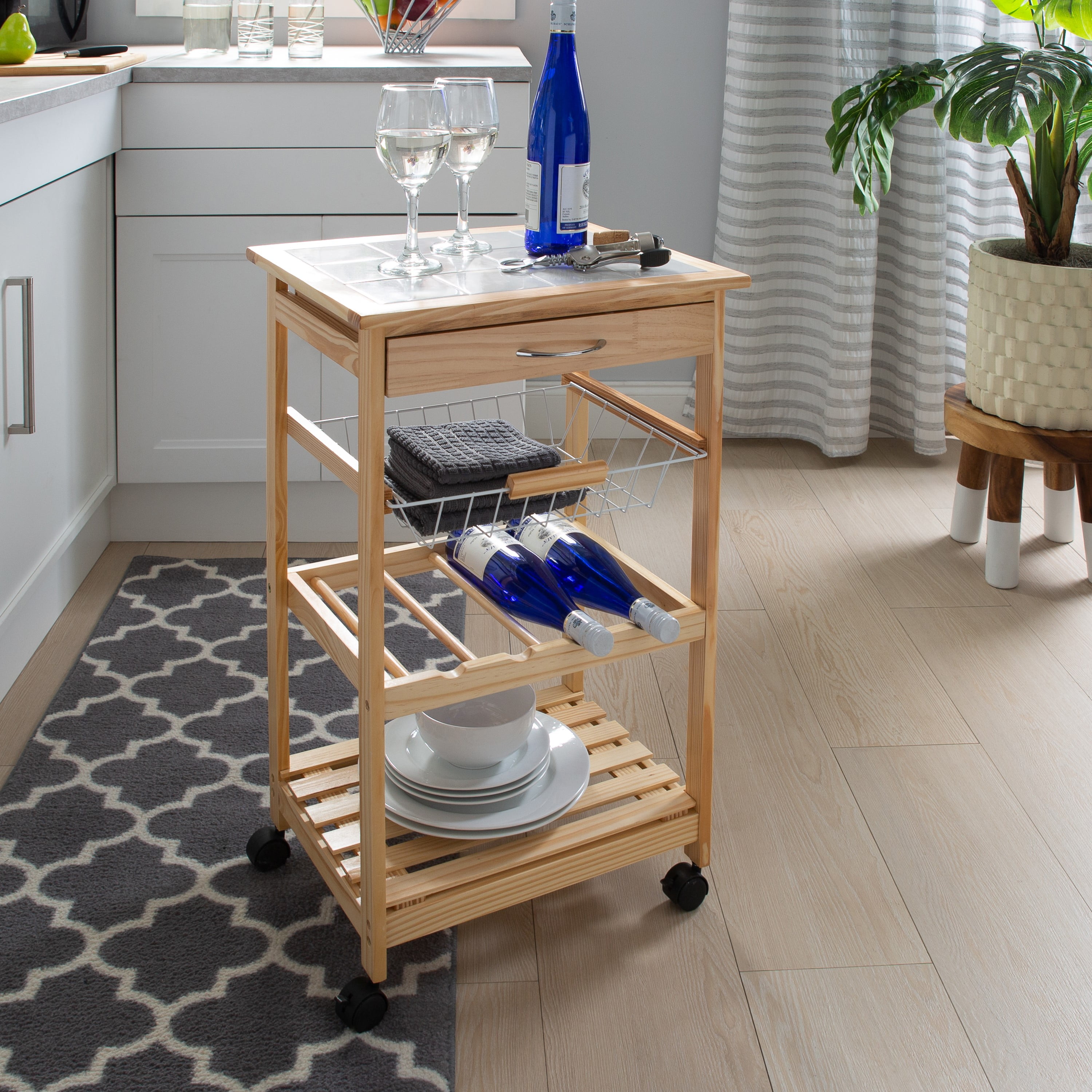 Organize It All Rolling Kitchen Storage Cart with Ceramic Countertop, Brown, 18.50" x 14.50" x 30.00 - Image 4