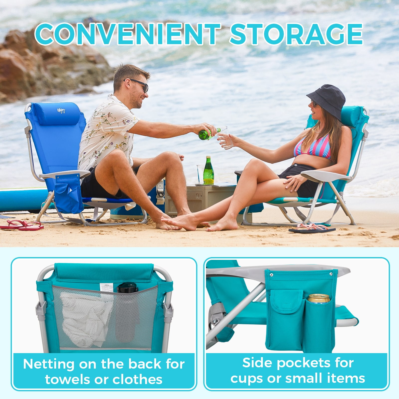 #WEJOY 2PCS Backpack Beach Chair, 4-Position Adjustable Folding Chair, Aluminum Folding Beach Chair, Low Camping Chair for Adults with Headrest, Cup Holder, Towel Rack, Max Load 265 lbs - Image 2