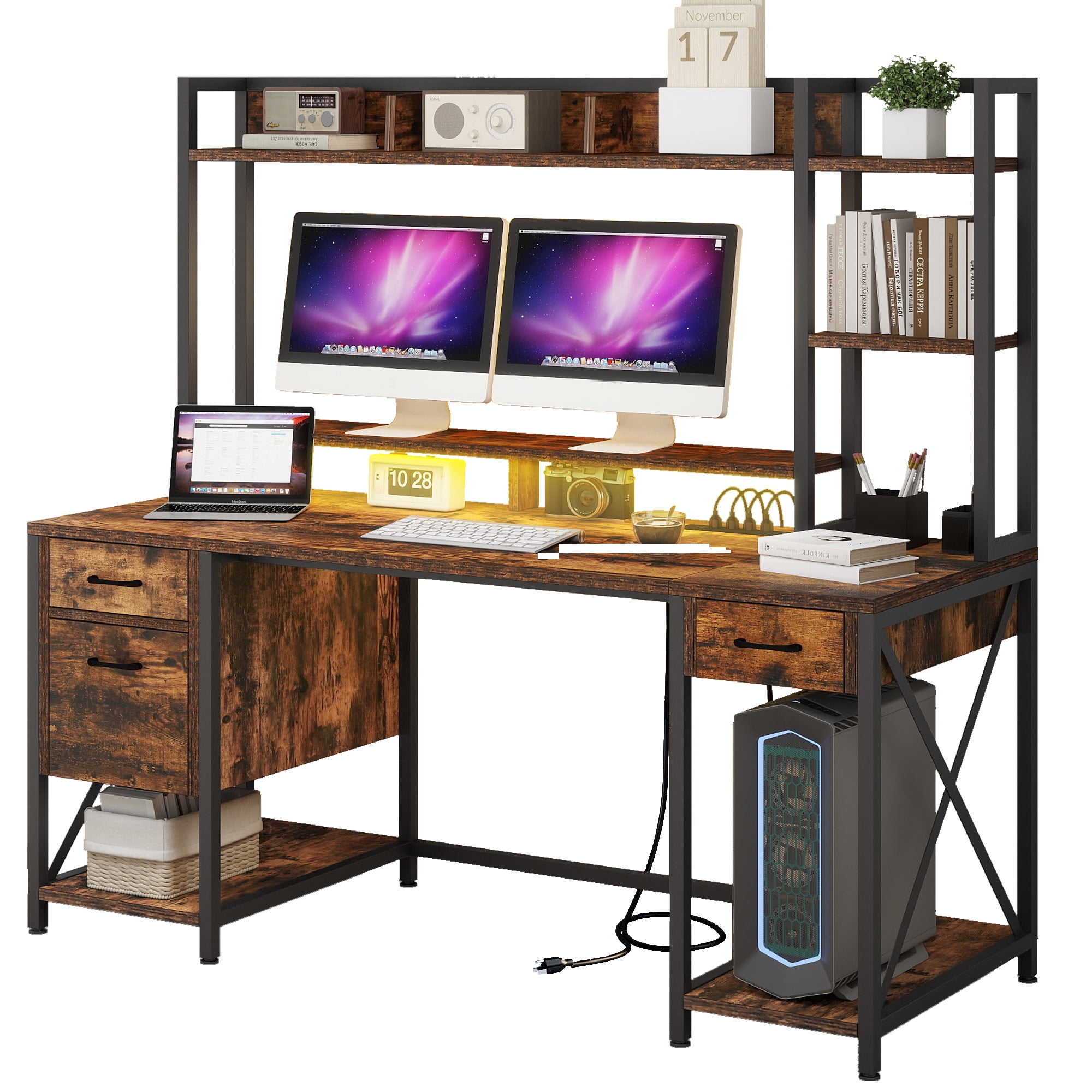 Uforic 59 "Computer Desk with Power Outlets & LED Light, Office Desks with Hutch & Monitor Stand, Gaming Desk Executive Desk with Storage Shelves for Home Office , Brown - Image 15