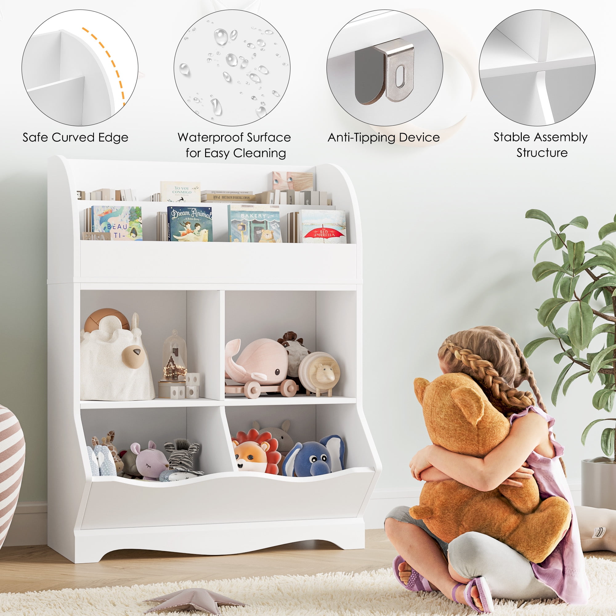 Homfa Kids Bookcase with Book Rack, Wood Cube Toy Storage Cabinet with 4 Bins for Kidsroom Playroom, White - Image 6