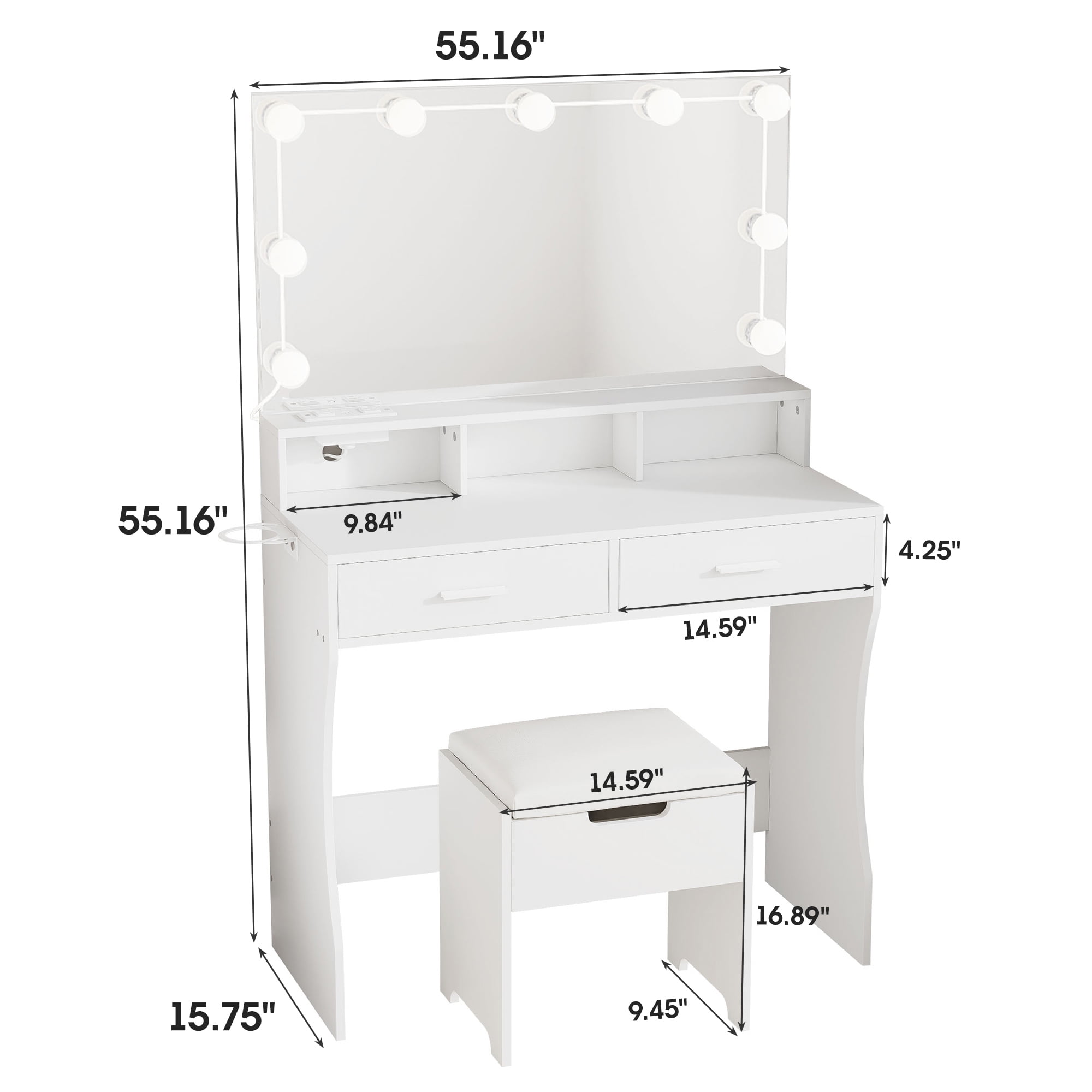 Modern Vanity Table Set with Lighted Mirror,Makeup Table with 2 Drawers & Power Strip,Dresser Desk for Girls, Women, White - Image 2