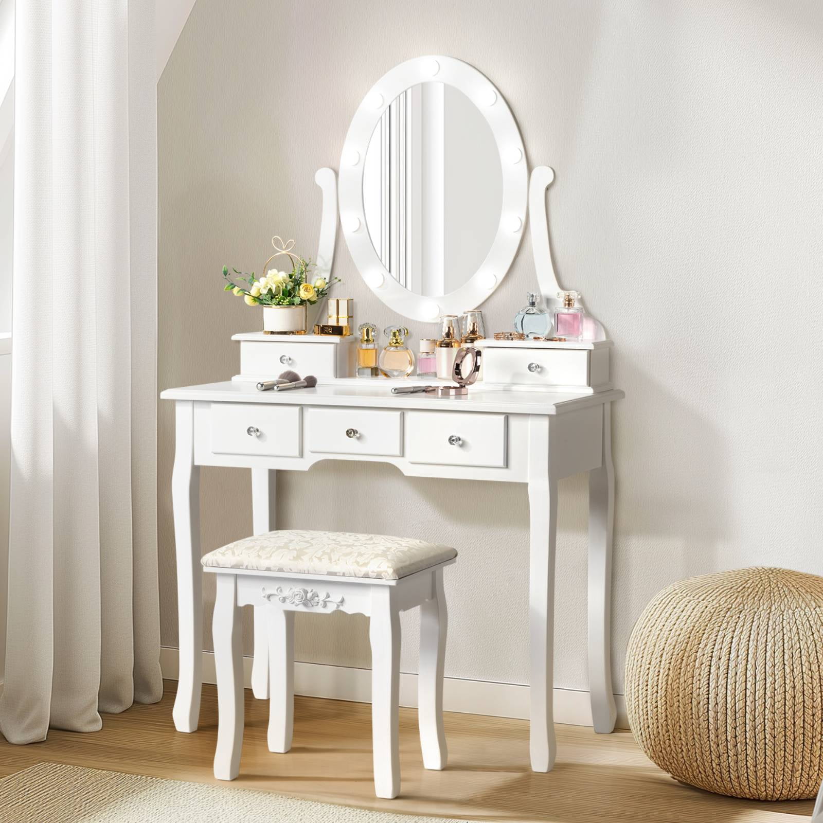 Ktaxon Vanity Table 10 LED Lights, 5 Drawers Makeup Dressing Desk with Cushioned Stool Set,Bedroom Vanities Set White - Image 3