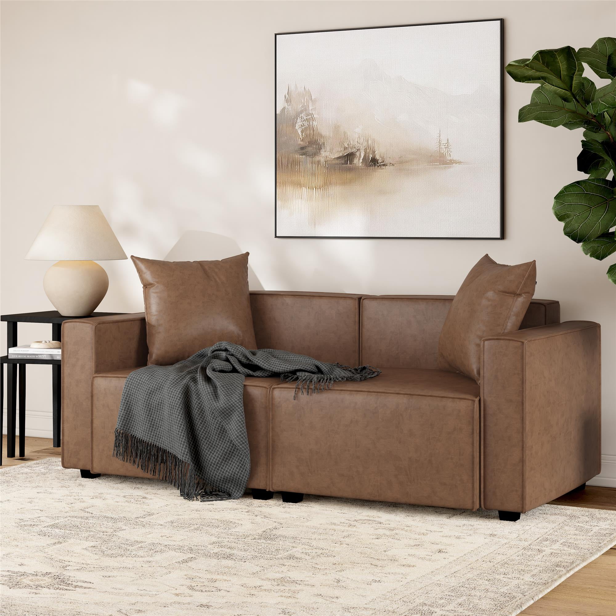 Mainstays Wynnewood 75" Low Profile Faux Leather Sofa Couch with 2 Throw Cushions, Brown - Image 2