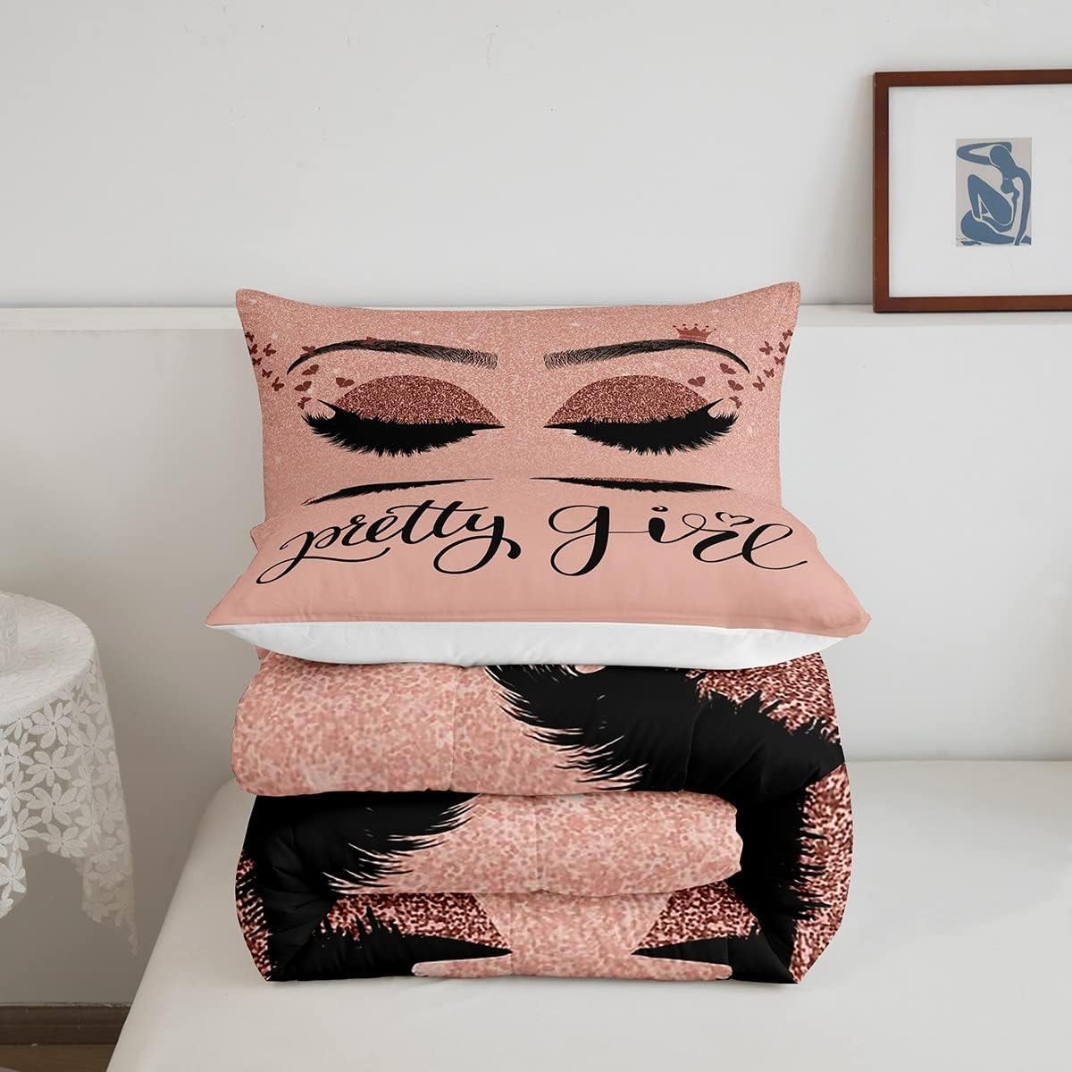 Eyelash Bedding Set Full Size,Stylish Pink Sparkles Comforter Set for Teens Adult,Eyelash Aesthetic Duvet Insert,(No Glitter No Sequin) Modern Quilt Comforter with 2 Pillow Shams Warm - Image 2